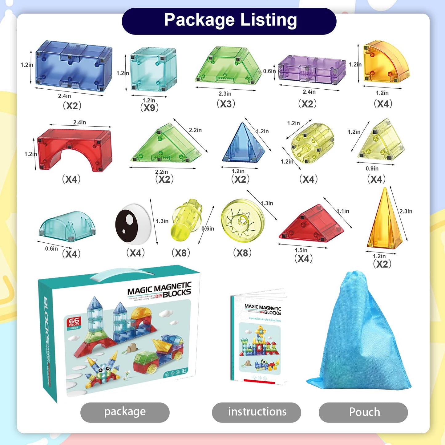 Huaker Magnetic Blocks,66 Piece Translucent Building Blocks for 3+ Boys Girls Birthday Gifts,Multi Shape Magnetic Cubes Preschool Classroom Educational Toys for 3-8 Year Old Kids STEM Activities