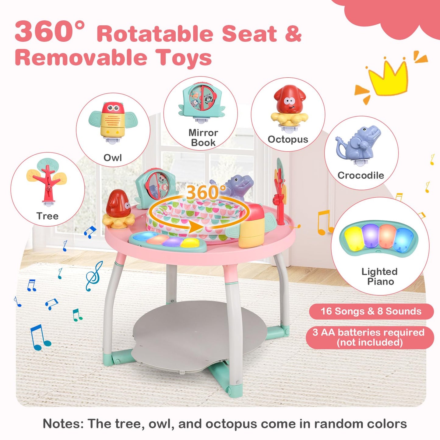 BABY JOY 5 in 1 Baby Activity Center, Baby Jumpers and Bouncers with Removable Toys, Lights & Music, 3 Adjustable Heights, Interactive Play Center for Toddlers Boys Girls 6-36 Months (Pink)