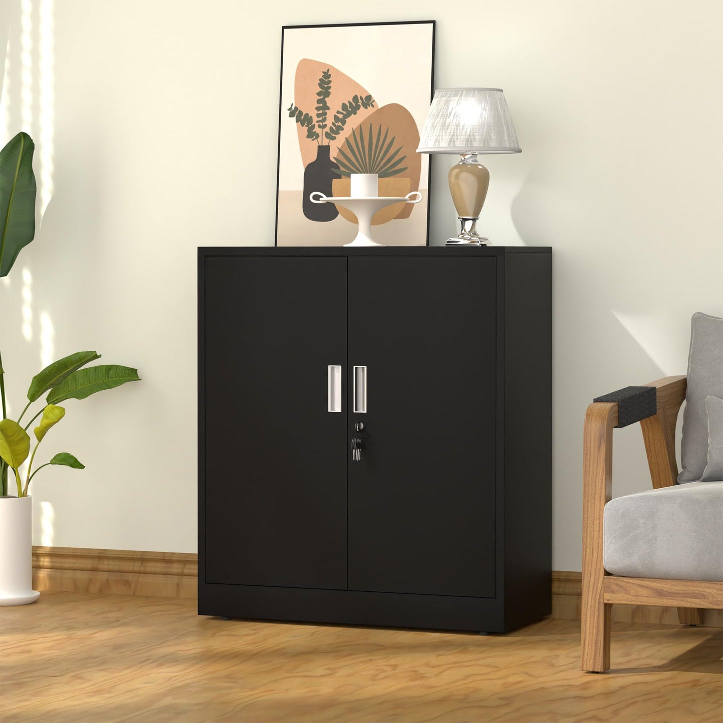 JINKUR Metal Storage Cabinet with Locking Doors and 2 Adjustable Shelves, Small Lockable Steel Storage Cabinets for Home Office Garage Kitchen Pantry (Black)