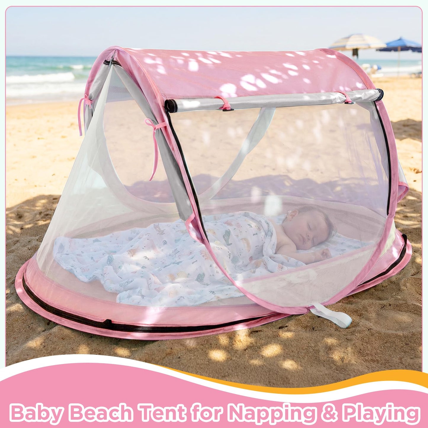 Baby Beach Tent, Pop Up Beach Tent Sun Shade for Beach, UPF 50+ UV Protection Sun Shelters for Infants with Carry Bag for Outdoor Travel, Camping(Pink)