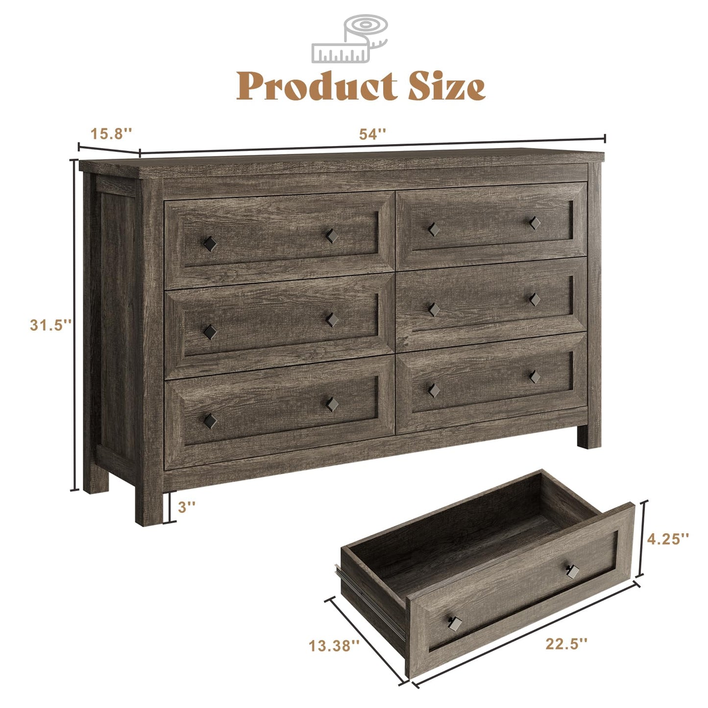 AMERLIFE 54" Wood Dresser with 6 Drawers, Farmhouse Chest of Drawers & Storage Dresser for Bedroom Furniture, Wide Drawer Organizer for Closet, Rustic Grey, Hallway