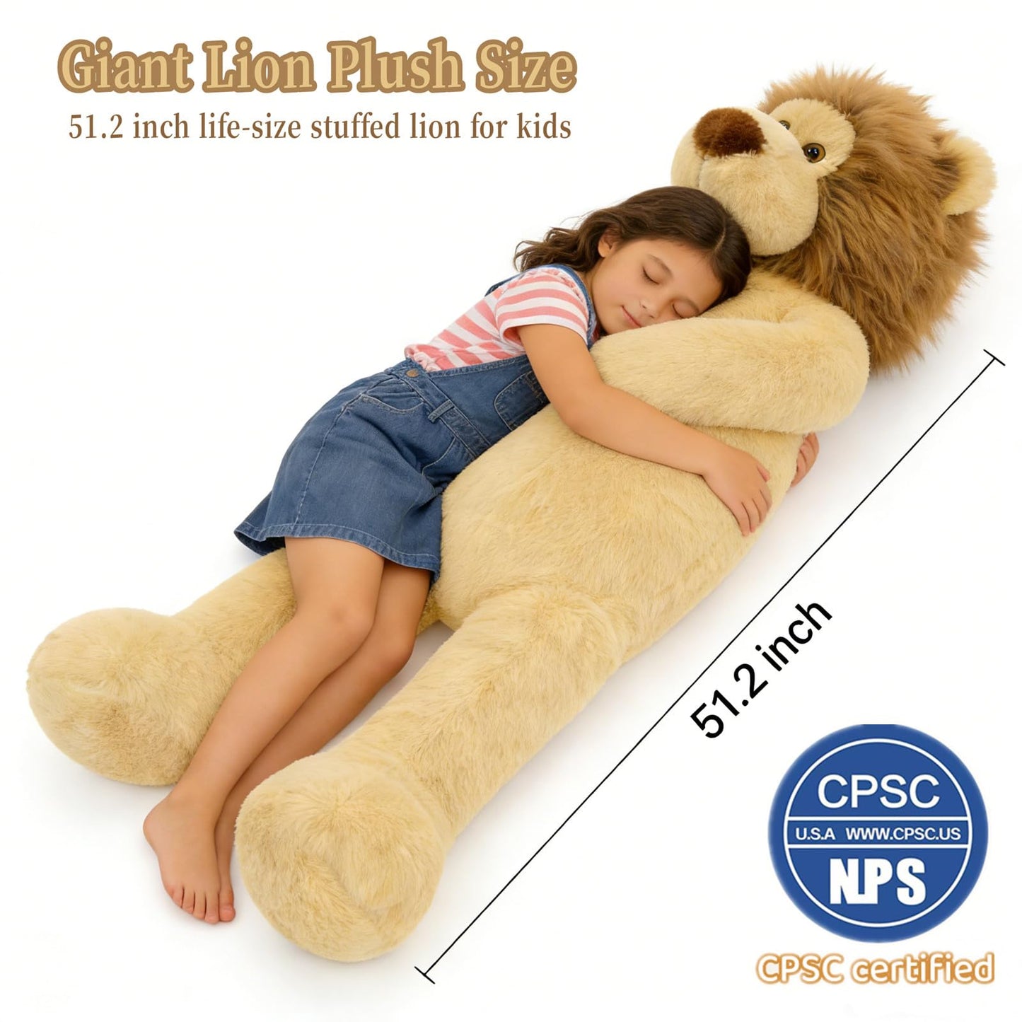Tezituor 4.3ft Giant Fat Lion Stuffed Animal, 51.2 inch Large Stuffed Lion Plushies Toy Hugging Soft Theme Body Pillow for Boys Girls Birthday Party Gift Decora