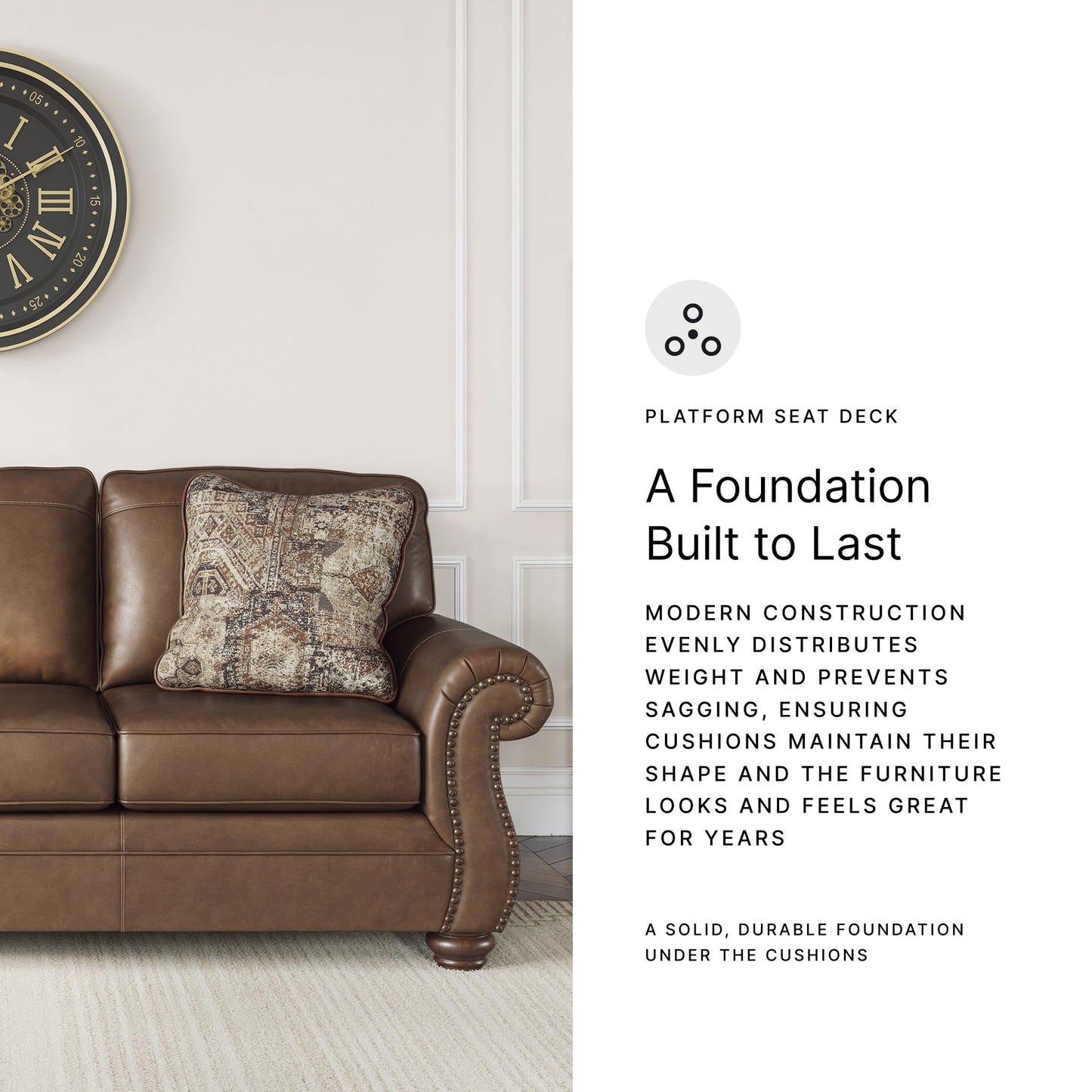 Signature Design by Ashley Shadsburne Rustic Faux Leather Sofa with Nailhead Trim and 2 Throw Pillows, Brown