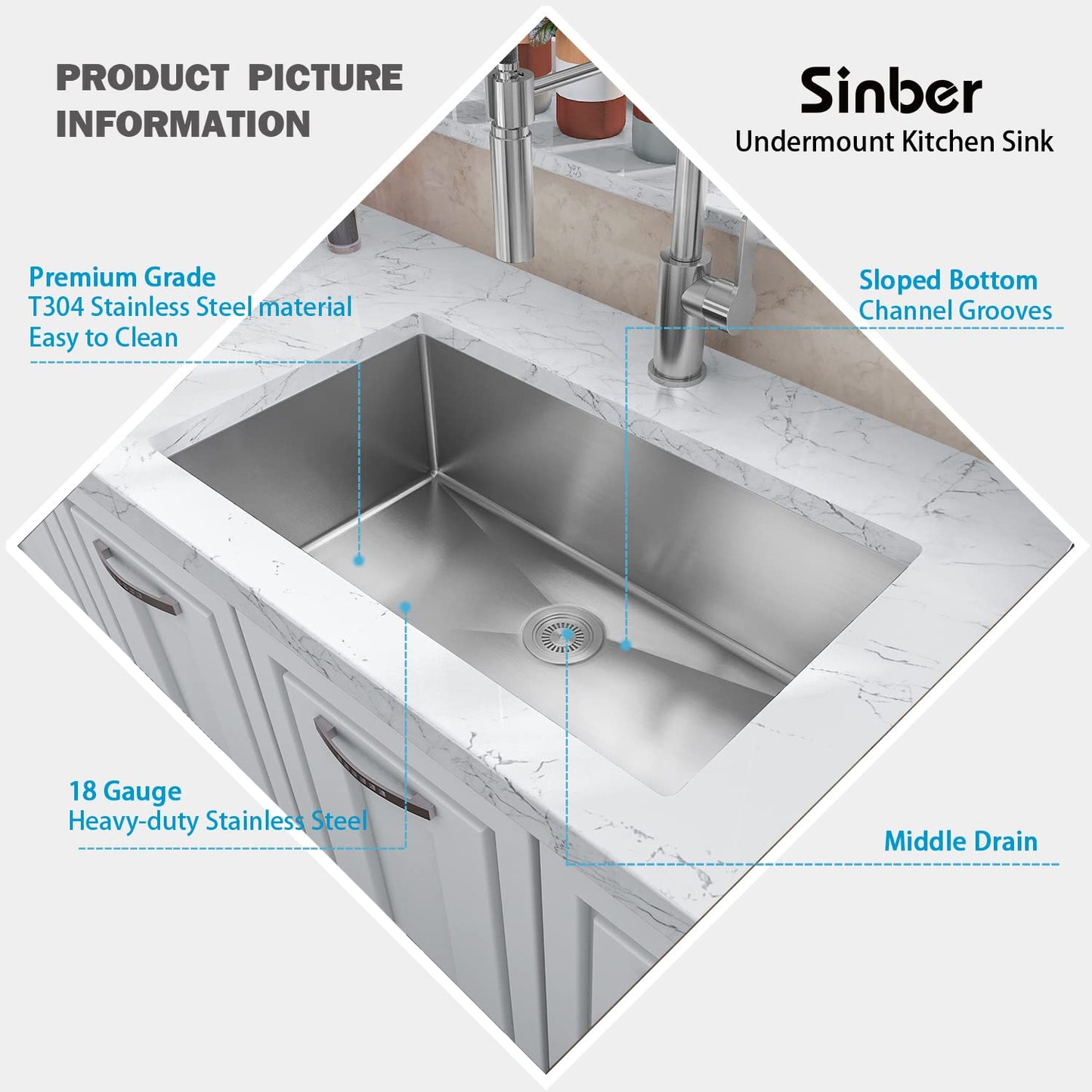 Sinber HU3018S 30" x 18" x 10" Undermount Single Bowl Kitchen Sink with 18 Gauge 304 Stainless Steel Satin Finish