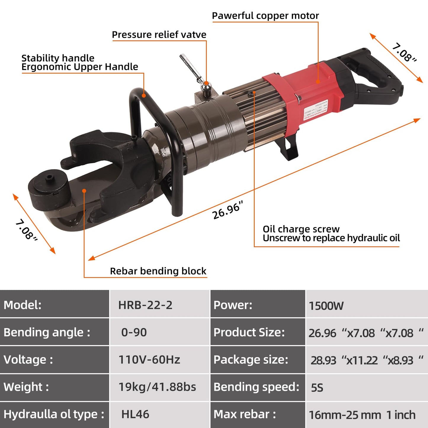 LFGUD 1.5KW Electric Rebar Bender 1 inch 25mm #8 Rebar Bending Machine Hydraulic Rebar Bender,0-90 Degrees Steel Bars Bending Angle,110V,with Portable Storage Box