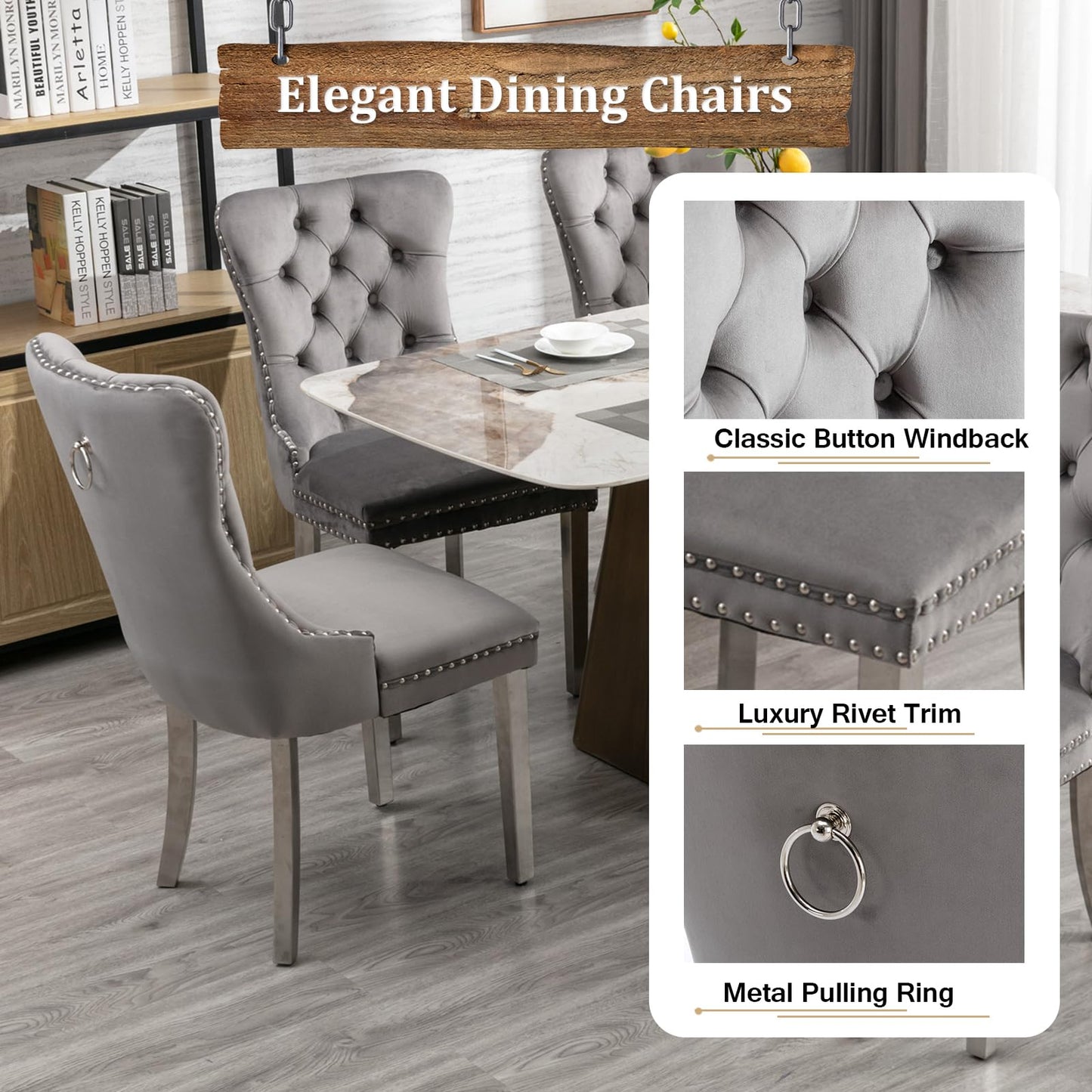 68" White Marble Dining Table Set for 6, Modern 7-Piece Faux Marble Kitchen Dining Room Table Set w/Steel X-Base & 6 Grey Velvet Dining Chairs, Luxury Silver Kitchen Table and Chairs Set of 6