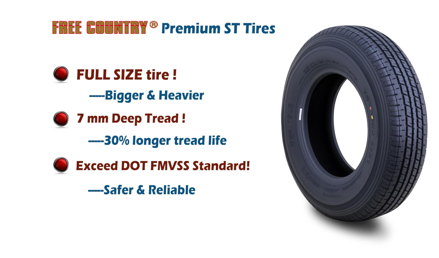 Free Country Grand Ride Set 4 Trailer Tires ST225/75R15 10 Ply Load Range E Steel Belted Radial w/Featured Scuff Guard