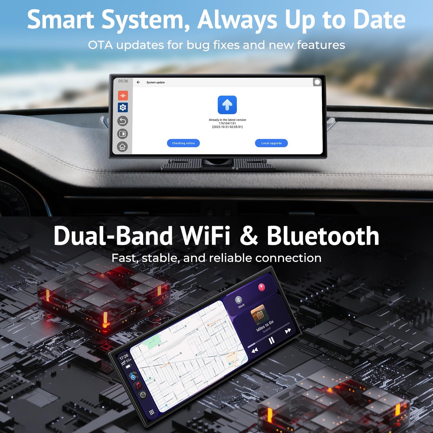 Wonsidary 11.26" Wireless CarPlay Screen for Car,Portable CarPlay & Android Auto Screen,1080P Backup Camera,Split-Screen,Dual Bluetooth,Navigation & Voice Control,Support OTA,for All Vehicles