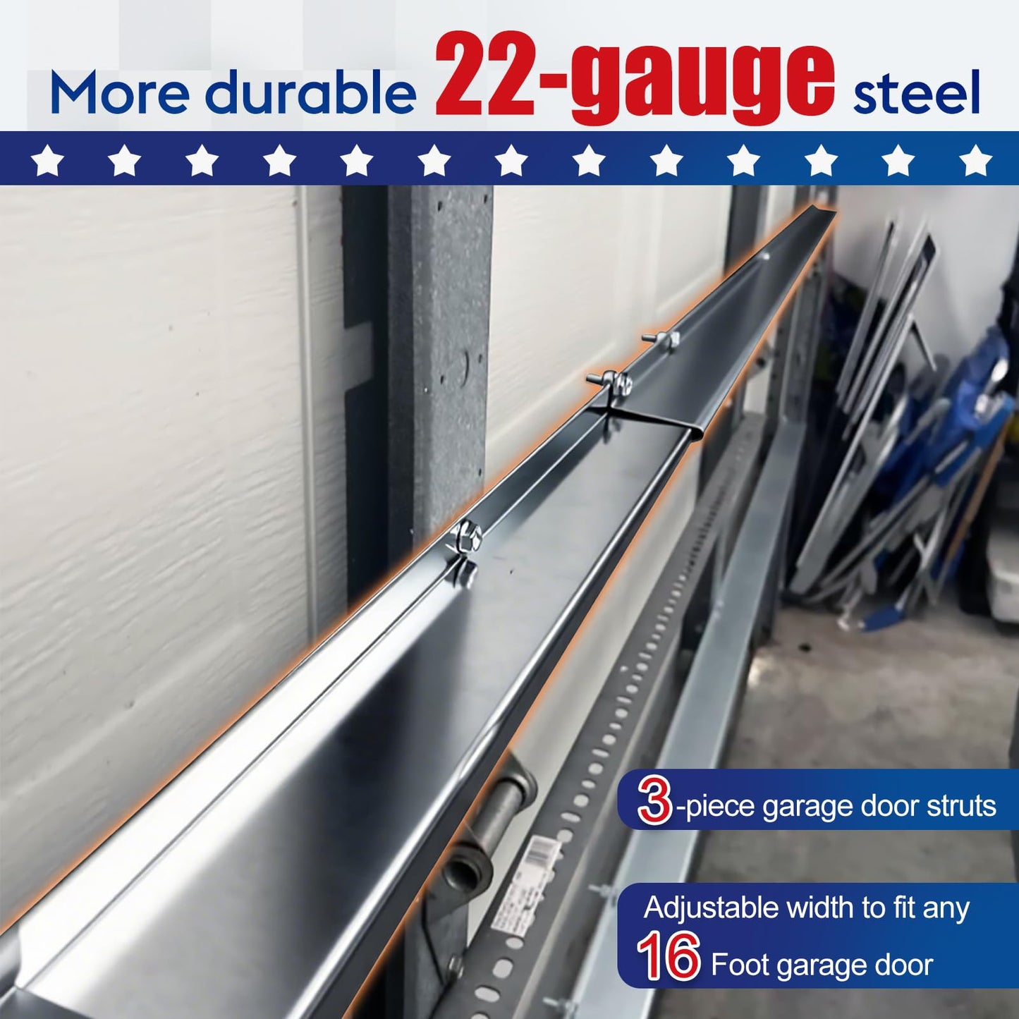16ft Garage Door Strut,Heavy-Duty Steel Garage Doors Reinforcement Bracket,Hurricane & Storm Support Top Brace Bracket Kit,Double Door Garage Repair Track for 16 Foot
