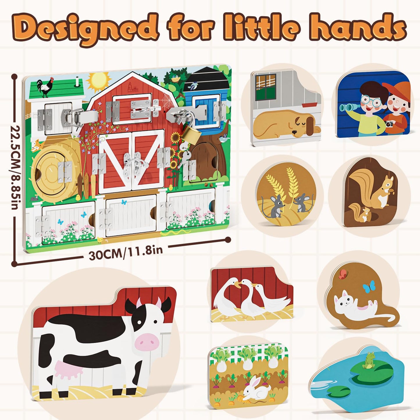 RRIBOUDWAN Wooden Latches Busy Board for 1-4 Year Old, Montessori Sensory Toys for Toddler, Farm Theme Educational Busy Book for Kids, Activity Board Gift for Kids