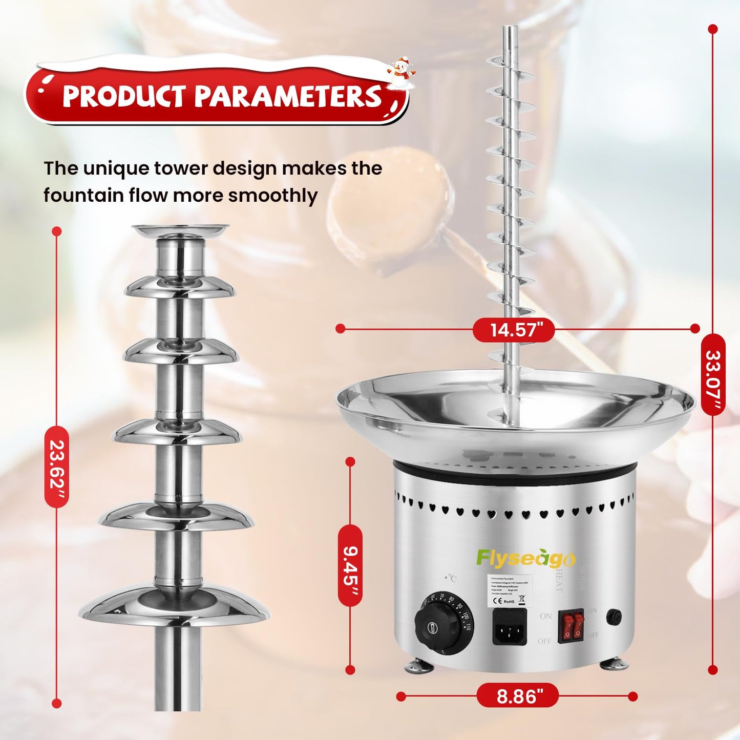 Flyseago Commercial Chocolate Fountain 6 Layers 19Lbs Large Chocolate Fondue Tower Stainless Steel Hot Chocolate Waterfall for Nacho Cheese Knob Control