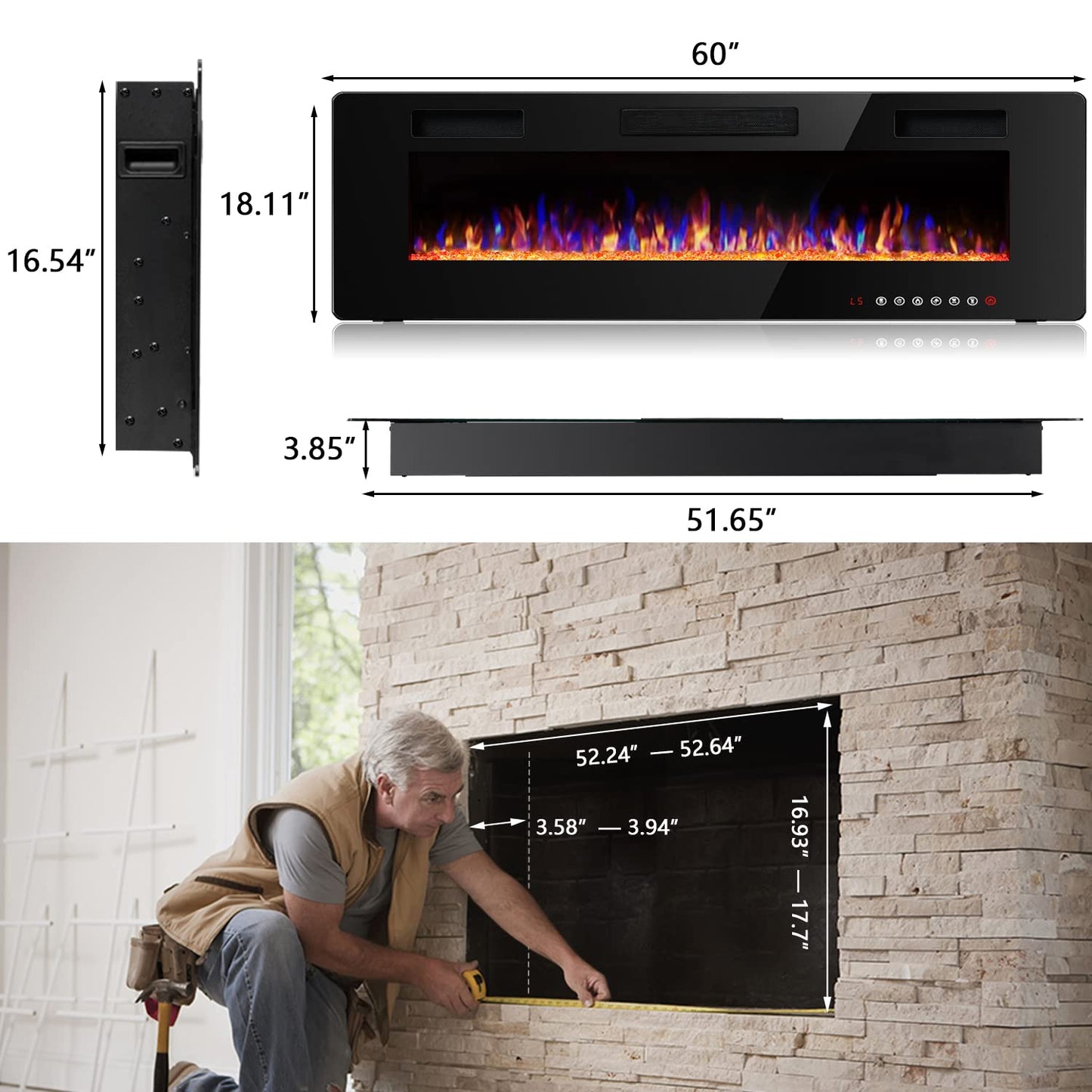 Vitesse 60 Inch Ultra Thin Electric Fireplace-Narrow Bezel Linear Fireplace Heater Recessed Wall Mounted, Remote and Screen Control, 8H Sleep Timer, Low Noise, 750/1500W for Living Room, Bedroom