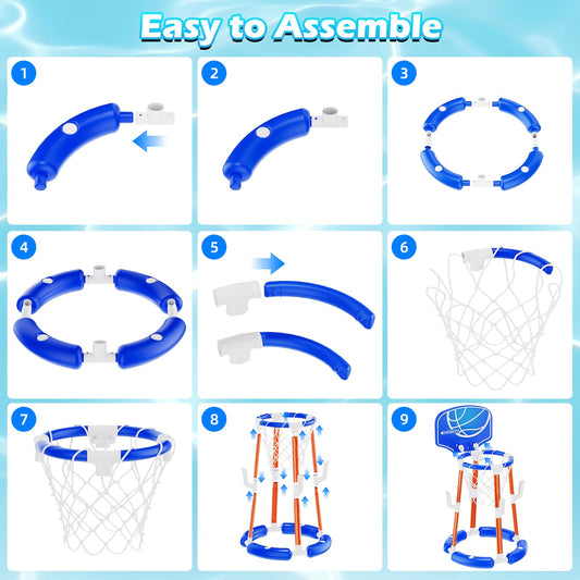 Pool Basketball Hoop with Backboard, Floating Pool Toys for 3-12 Years Old Kids Ring Game with 4 Balls 8 Rings & Pump Outdoor Swimming Pool Basketball Games Water Play Toy Family Party for Kids Adults