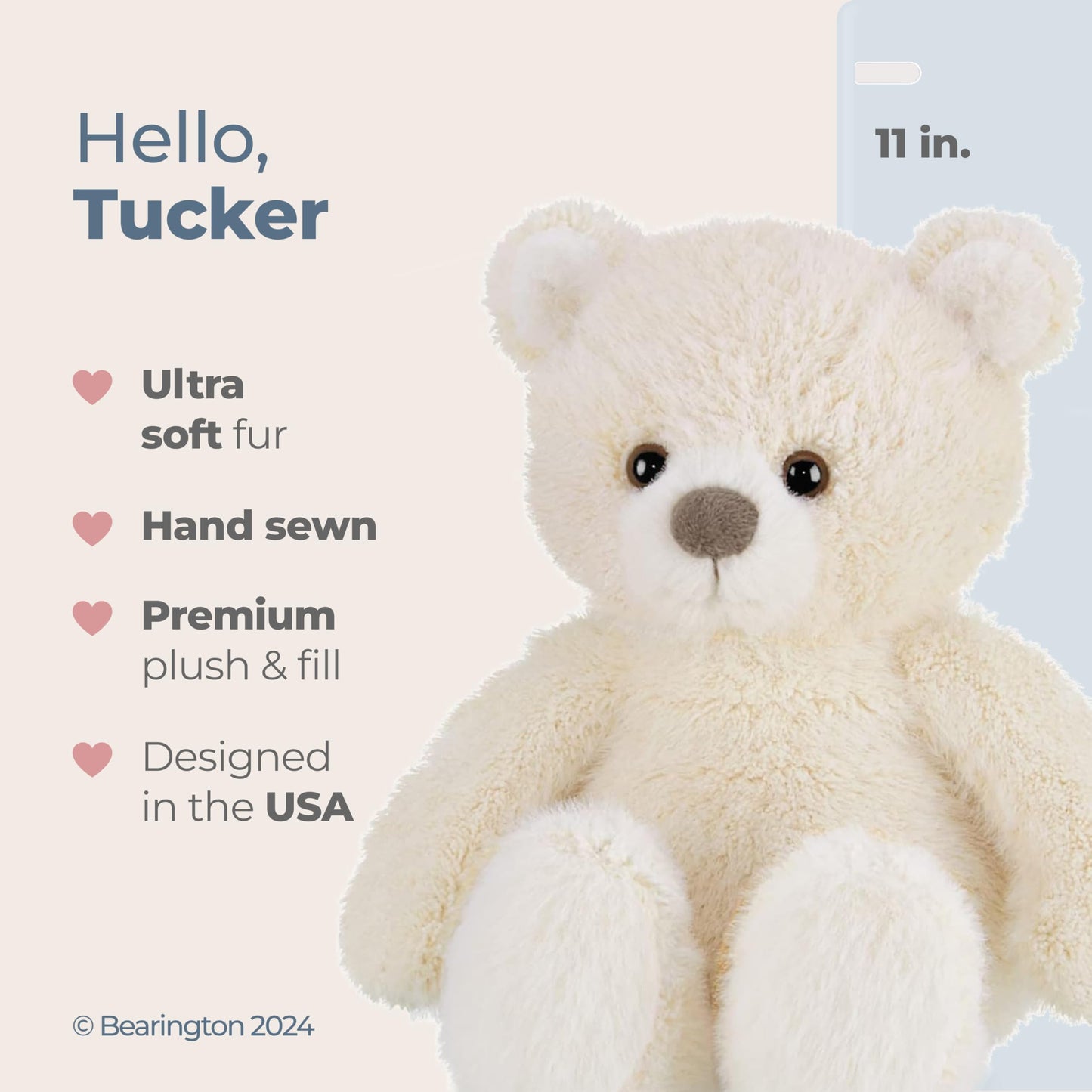 Bearington Tucker Off White Teddy Bear Stuffed Animal - 11" Soft Teddy Bear Plushies with Scruffy Fur and Weighted Body - Adorable Stuffed Bears Plush Toy Gift for Kids, Babies, and Animal Lovers