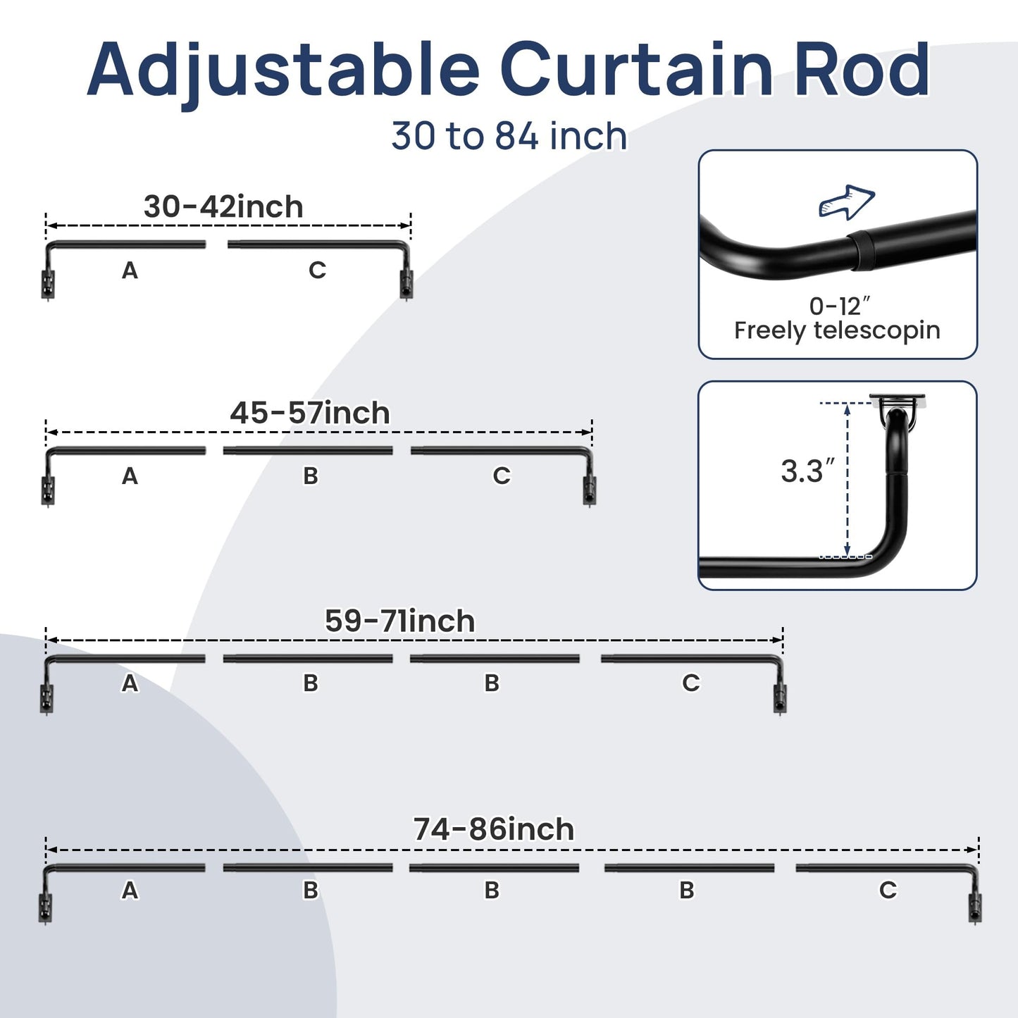 ENJOYBASICS Blackout Curtain rod for windows 48 to 84, 5/8 in Wrap Around Curtain Rods for Bedroom, Living Room, Adjustable from 30 to 86 Inches, Matte Black