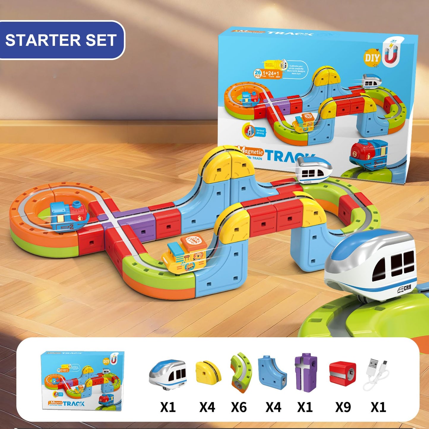 3D Infinity Track with Electric Train Set for Kids, Magnetic Monorail Cube Tracks, Magnet Railway Builder, Gravity Defying Rail Cubes Building Toy, DIY Anti-Gravity Flexible Race Track (Starter Set)
