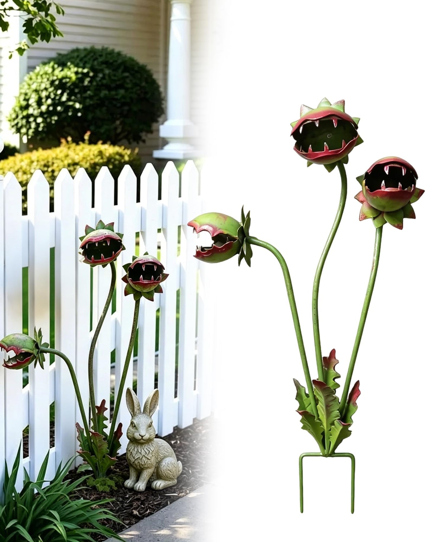 HUBAI Whimsical Metal Carnivorous Plant Garden Stake, 25-Inch Large Venus Flytrap Monster Plant Sculpture, Durable Yard Art for Flower Beds, Patios, Planters, Unique Quirky Garden Decor (Green)