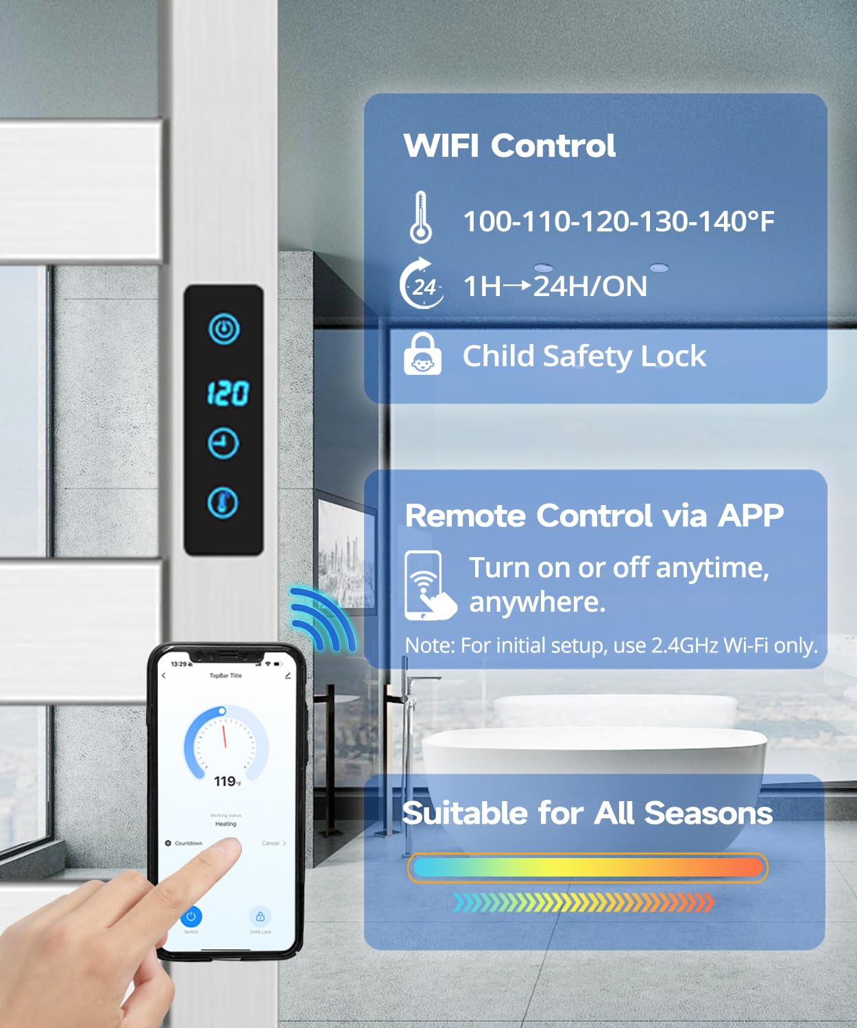 WiFi Heated Towel Rack Wall Mounted, Electric Towel Warmer with Foldable Bracket, Stainless Steel, LED Built-in Timer, Plug-in, Temperature & Timing Control, 6 Bars, Nickel Silver