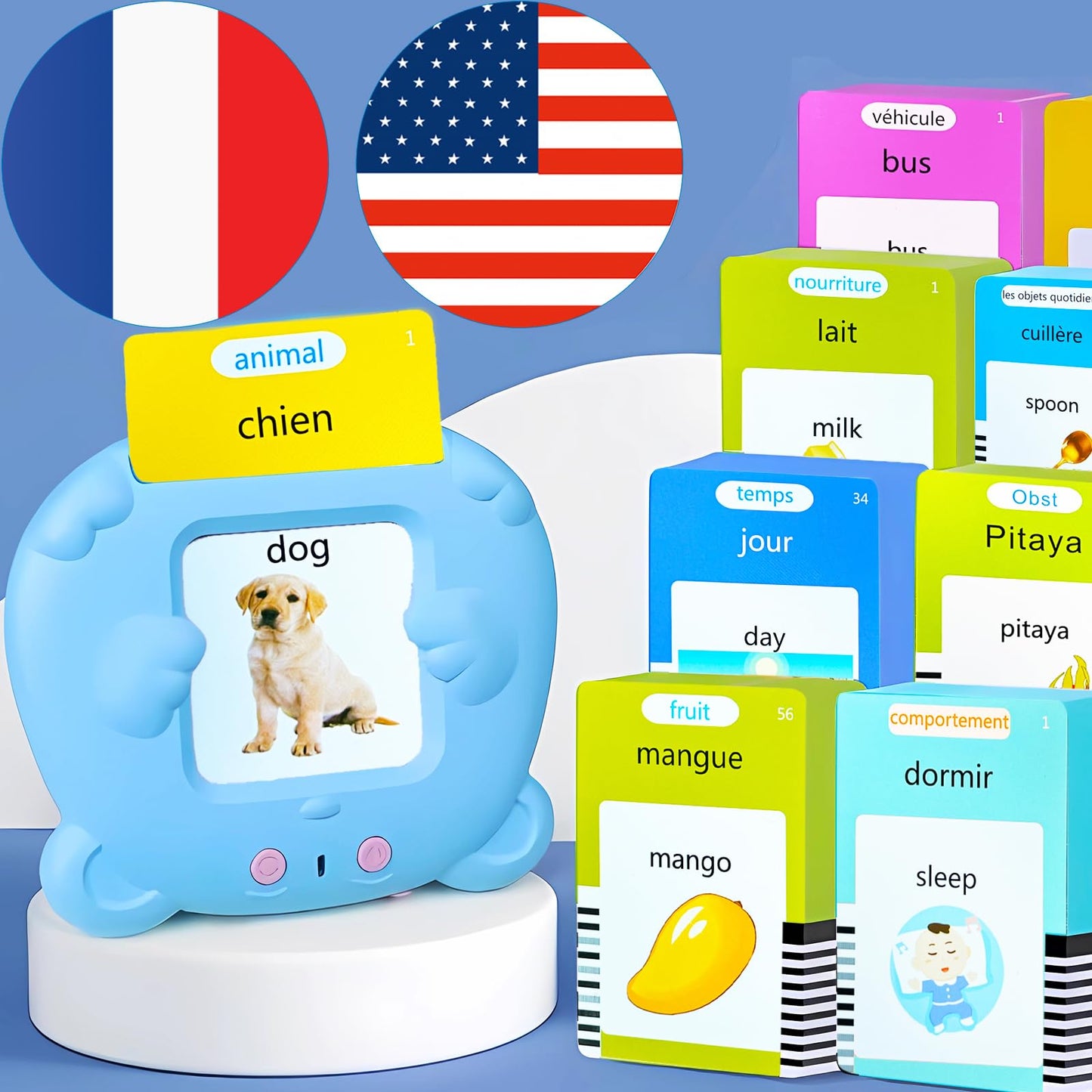 KILOGOGRAPH Bilingual English Flash Cards - French Talking Flash Cards, 510 Sight Words 31 Themes, Pocket Speech for Toddlers 3-12, Autism Sensory Toys, Preschool Learning Activities (French, Blue)