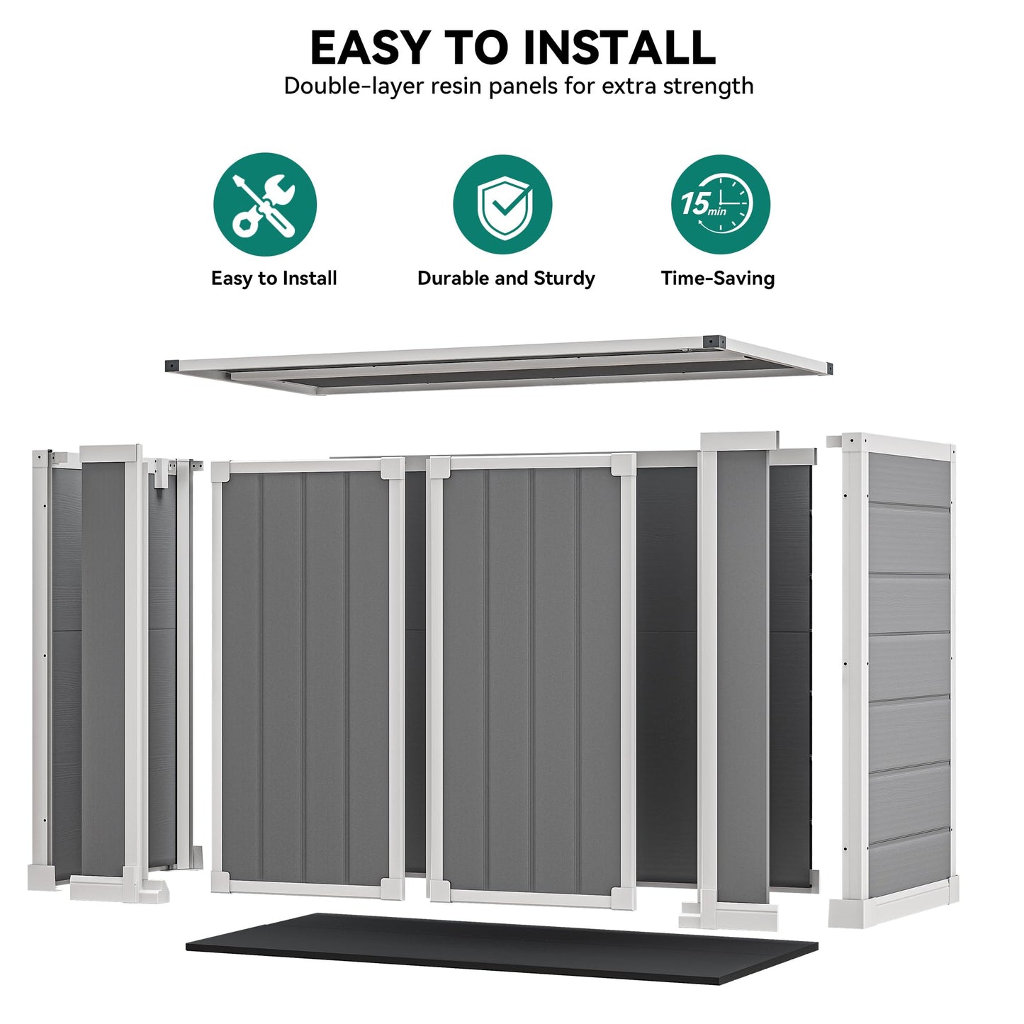 DWVO 41 Cu.ft Horizontal Resin Storage Shed, All Weather 4.7x2.5 FT Outdoor Garden Shed with Hydraulic Struts, 3 Locks, Lockable to Floor for Garden Tools, Trash Cans, Gray