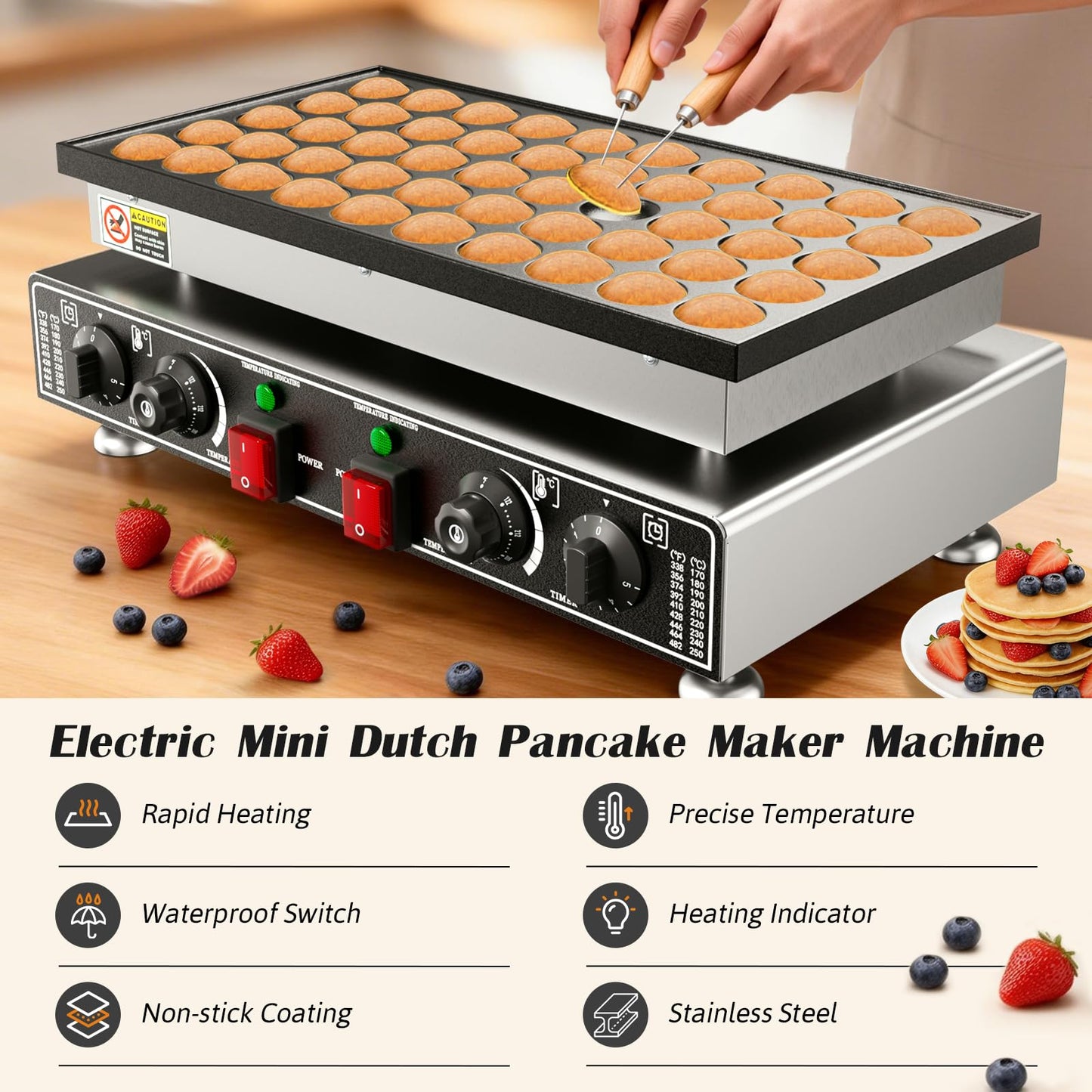 Baotree 50 PCS Commercial Mini Dutch Pancake Maker, 220V 1600W Mini Dutch Pancake Maker, 1.77 Inches Pancake Maker with 2 Thermostats & 2 Timers Separate Control, for Home and Restaurants