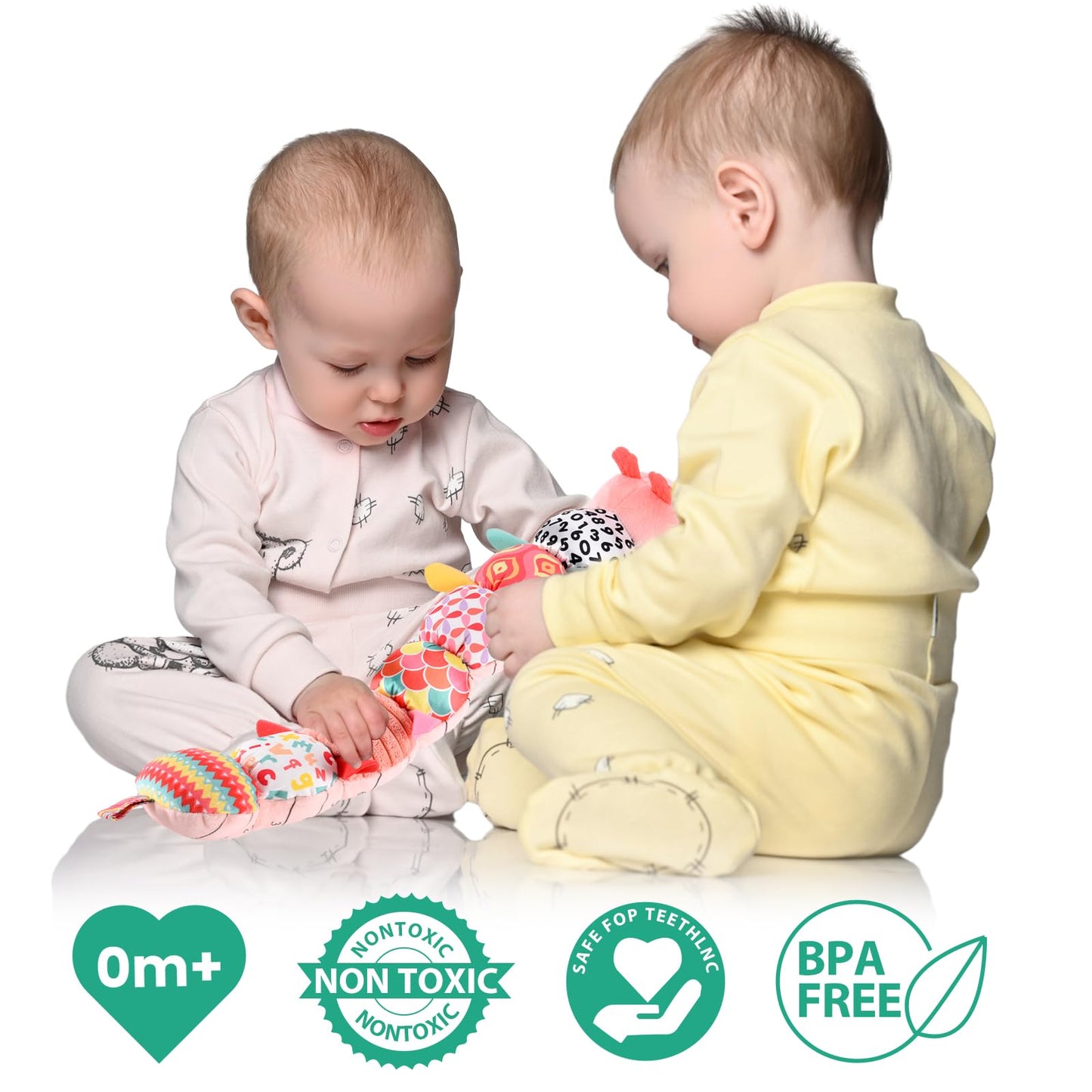 TURKIDS Infant Baby Musical Stuffed Animal Activity Soft Toys with Multi-Sensory Crinkle, Rattle and Textures for 0-3-6-12 Months Developmental Toys, Caterpillar, Pink