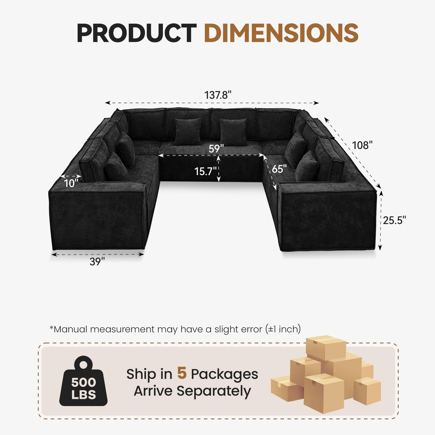 138'' Boneless Chenille U Shaped Couch, Oversized Modular Sectional 8 Seater Sofa, Modern Deep Seat Corner Cloud Compressed Couch, No Assembly Sleeper Sofa with Chaise for Living Room, Black
