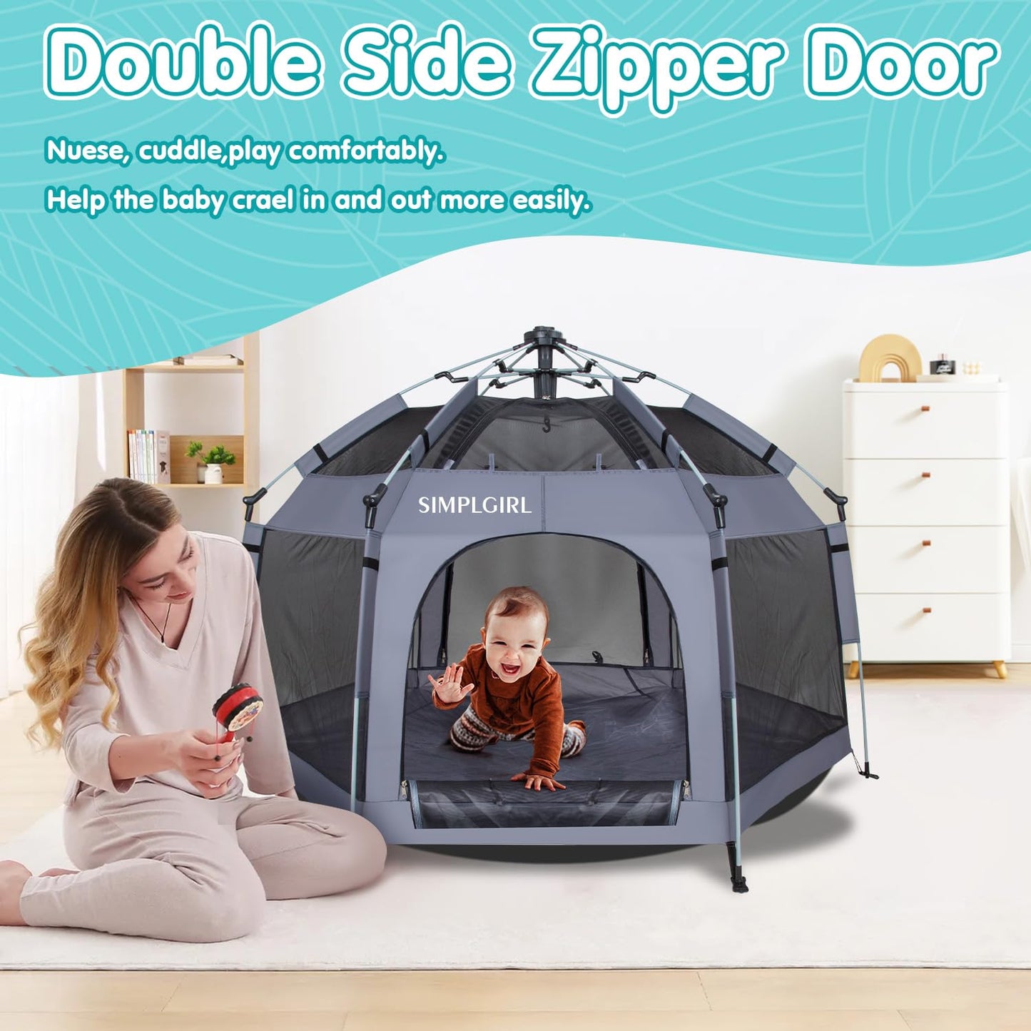 Premium Indoor and Outdoor Baby Playpen - Portable, Lightweight, Pop Up Pack and Play Toddler Play Yard w/Canopy and Travel Bag- Grey
