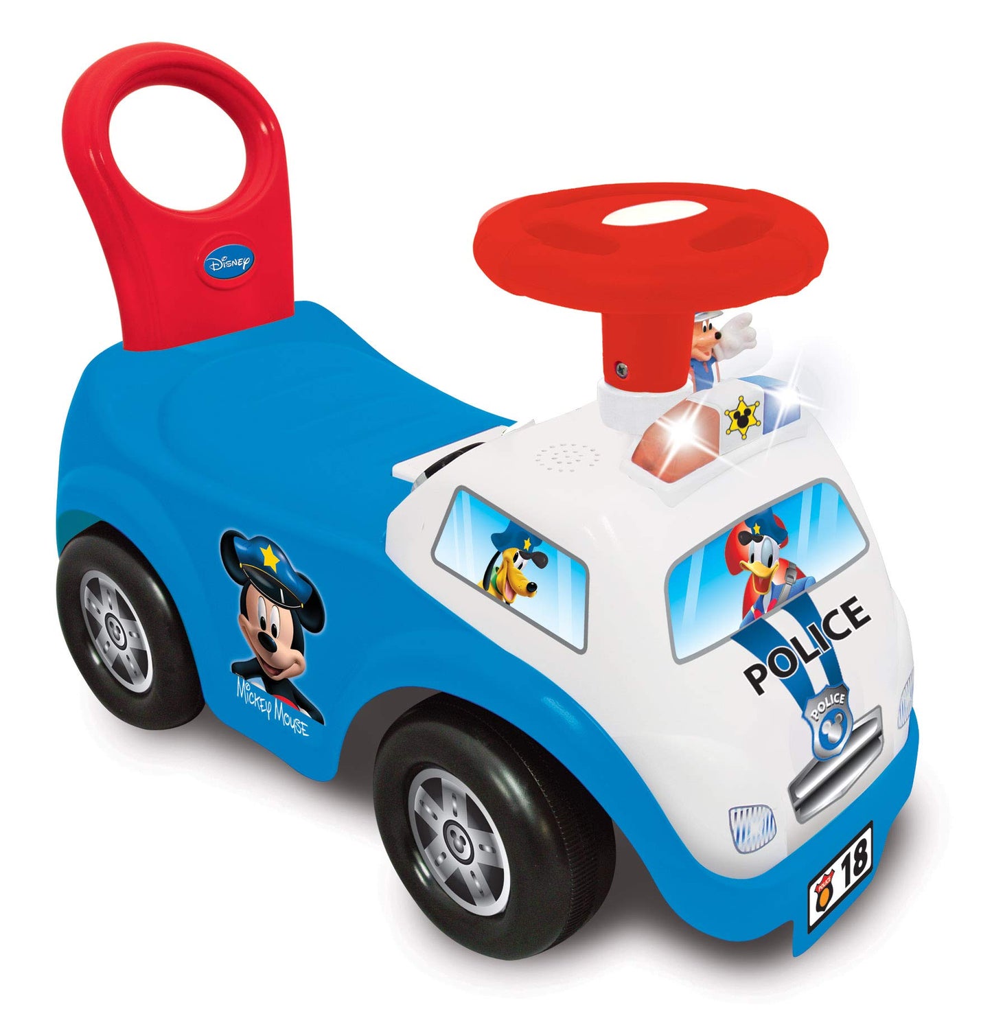 Kiddieland Disney Mickey Police Car Ride-On with Lights & Sounds, Toddler Push Car, Siren Horn Blinker, Interactive Steering Wheel Images, Ages 12–36 Months, Sturdy Foot-to-Floor
