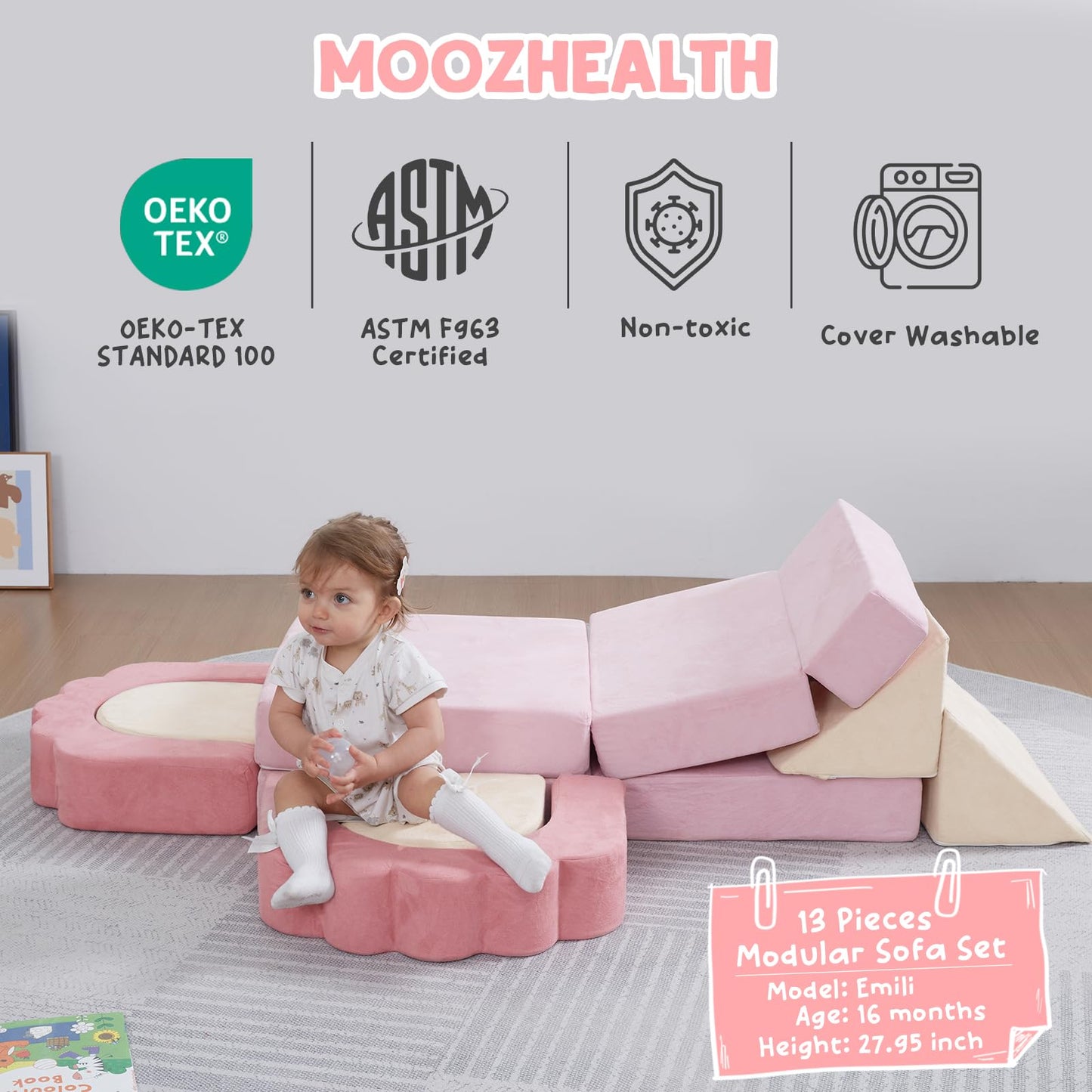 MOOZHEALTH 13 Pieces Foam Climbing Blocks for Toddlers|Floral Baby Soft Play Gym,Kids Indoor Crawing Climbers & Play Structures for Bedroom,Livingroom & Playroom,Pink & Beige