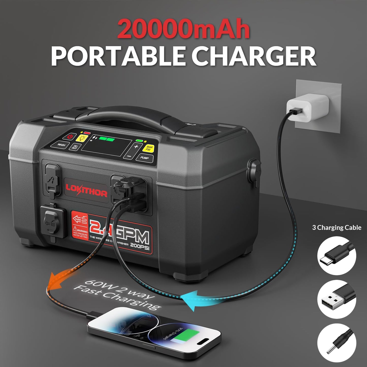 LOKITHOR JA302 2500Amp Jump Starter with 150PSI Air Compressor and AW401 2500Amp Jump Starter with 200PSI Car Washer