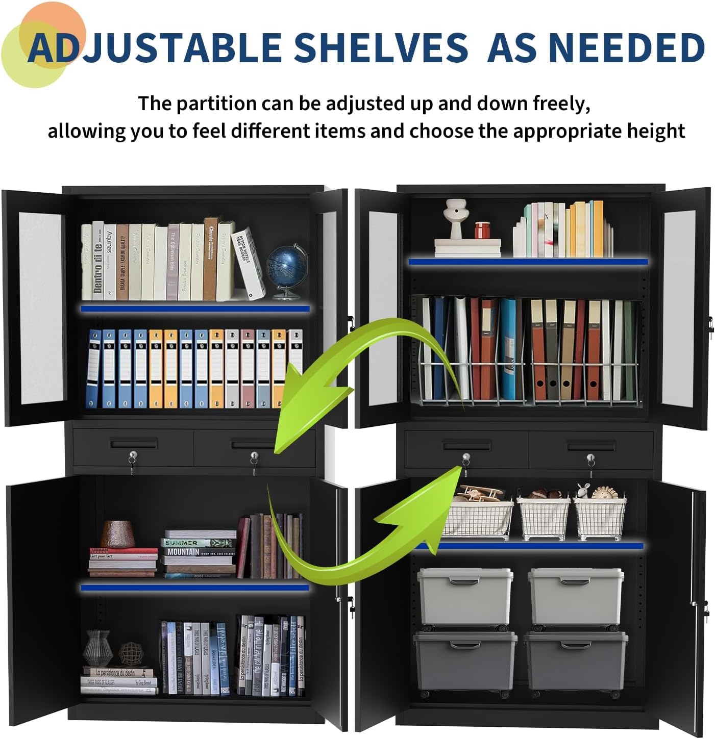 KOKEBREN 71" Black Metal Storage Cabinet w/Glass Doors | 2 Drawers + 2 Adjustable Shelves, Lock Feature | for Garage, Home Office Organization
