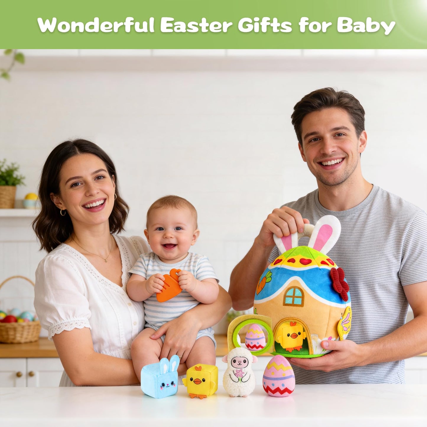 Baby Toys 6-12-18 Months - My First Plush Bunny Burrow with Stuffed Animals, Rattle, Crinkle, Teether, Montessori Sensory Toys for Babies Toddlers 1-3, Baby Easter Basket Stuffers for Boys Girls Gifts