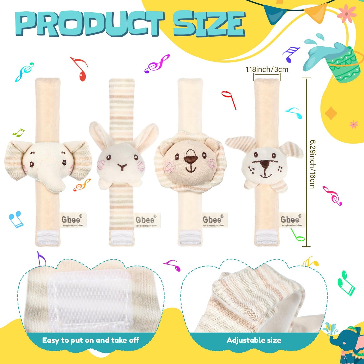 Wovnet 4 Pieces Baby Wrist Rattles Animal Pattern Newborn Rattle Foot Rattles Toy for Babies Boy Girl Infant Birthday Gifts Educational Toys, 4 Designs (Rabbit Dog Lion Elephant)