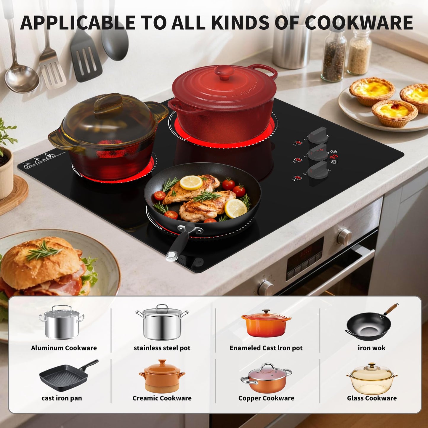 VBGK Electric Cooktop,24 inch 220V Stove Top,Touch and Knob Control,LED,9 Power Levels, Kids Lock &Timer,Overheat Protection,5000W 3 burner electric cooktop.