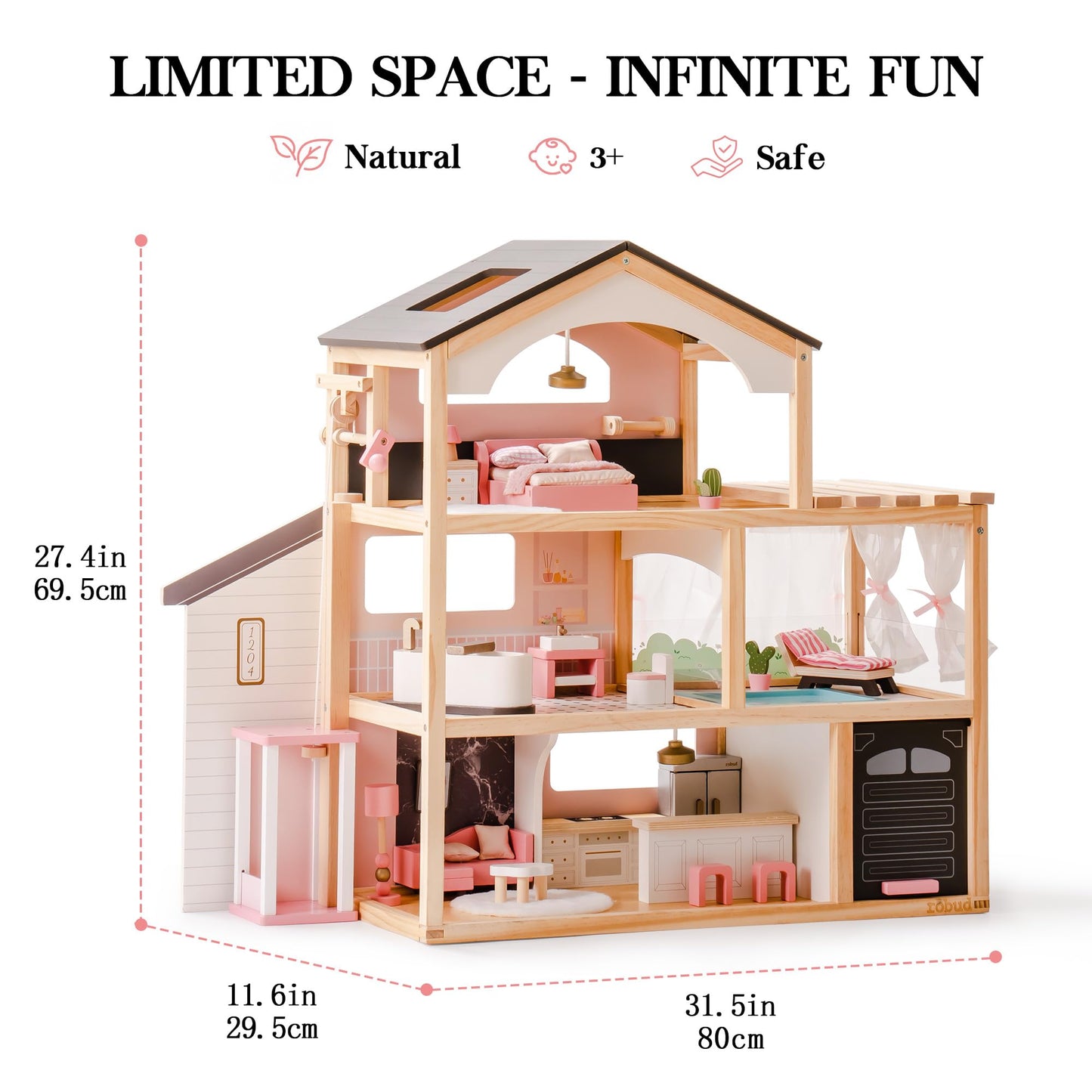ROBUD Doll House, Wooden Dollhouse with 6 Rooms, 29-pcs Furniture Set, Working Elevator, Garage, Swimming Pool, Ideal Gift for Kids Ages 3+ (Black)
