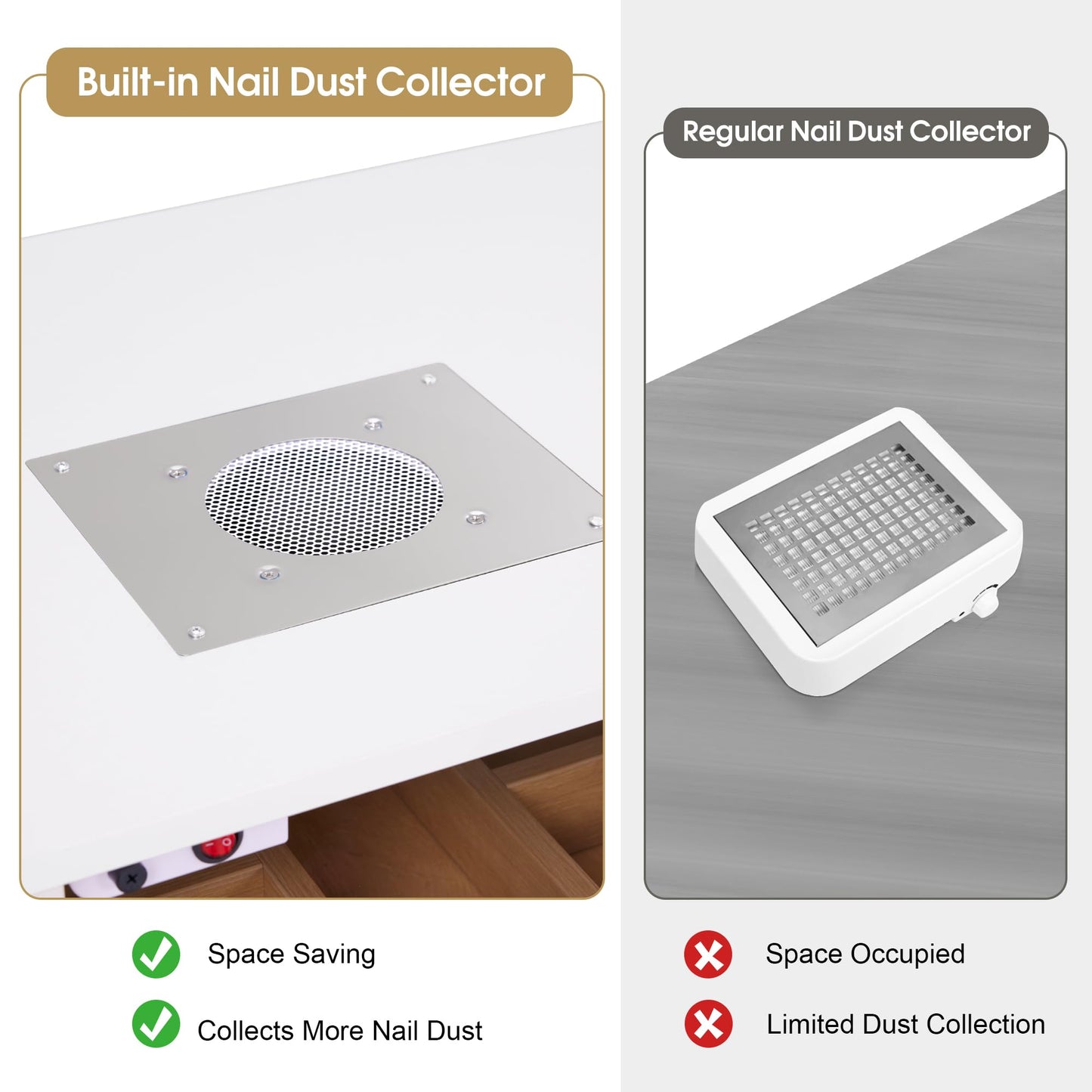 BarberPub Manicure Table with Electric Dust Collector & 2 Dust Bags, Beauty Nail Art Desk with Built-in Socket, Salon Nail Supplies Storage Workstation with Nail Vacuum Cleaner VC232 (White&Teak)