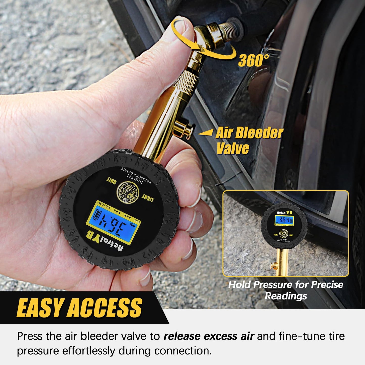 Digital Tire Pressure Gauge, 1.5 inch LED Display, Air Pressure Gauge for Tires with 360° Swivel Chuck, 100 Psi Tire Gauge for Truck Bus RV Car Motorcycle Bike