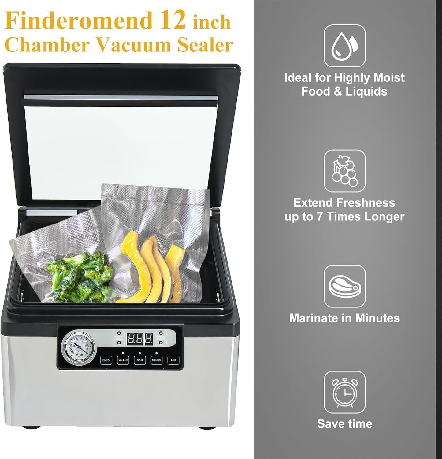 Finderomend 12 inch Chamber Vacuum Sealer, Commercial Vacuum Sealer with Marinades Function, Dry/Moist Vacuum Chamber Sealer for Beans, Sauces, Soups and Meat