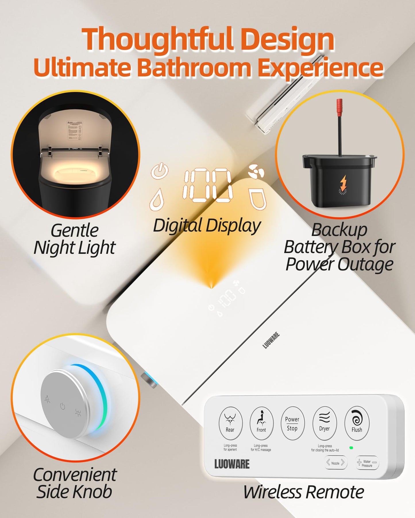 Luoware Smart Toilet with Bidet Built in, Luxury One Piece Elongated Bidet Toilet with Auto Close & Flush, Foot Sensor to Open/Close/Flush, Heated Seat, Massage Wash, Night Light, Remote Control