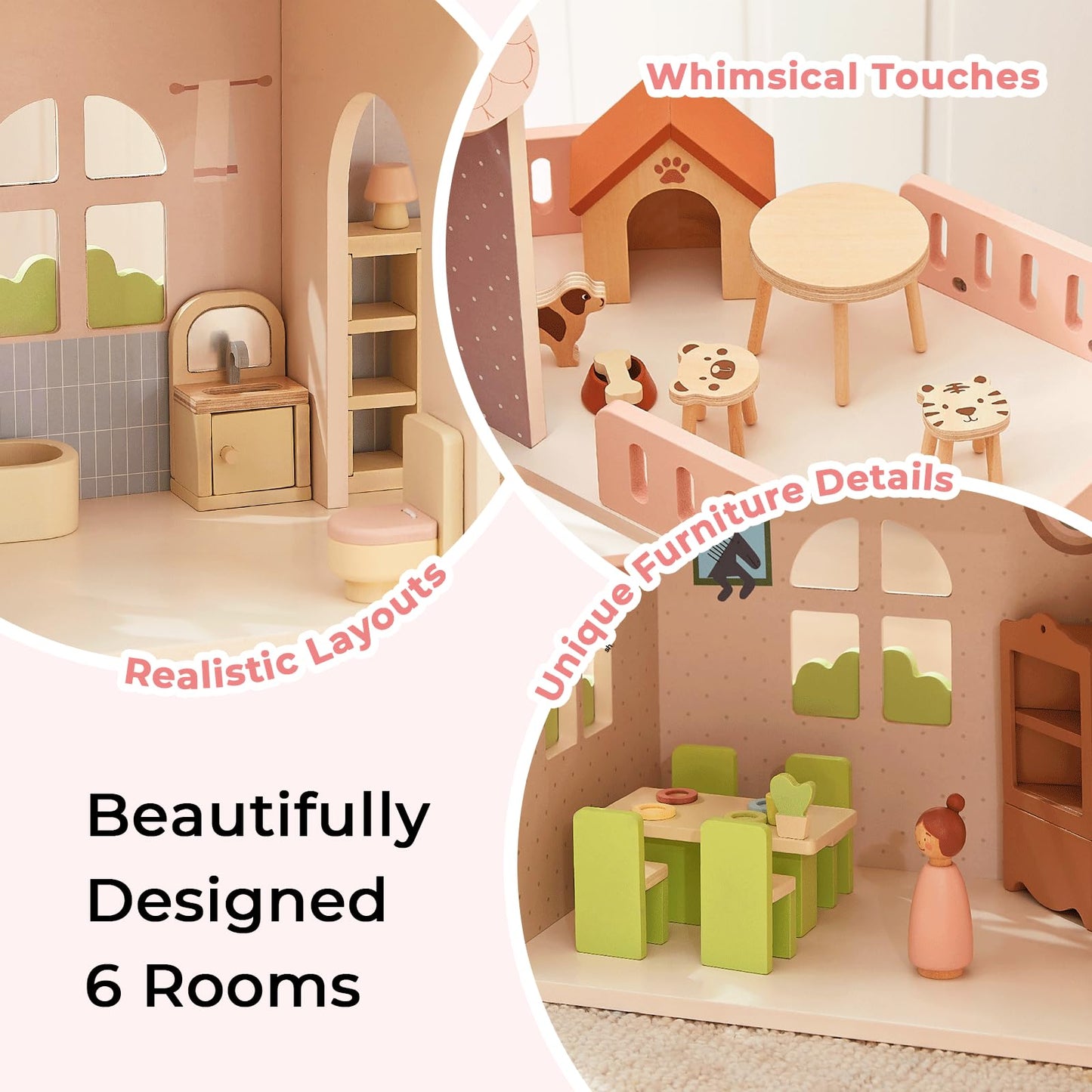 OOOK Wooden Dollhouse with 60 Pcs Luxurious Furniture Accessories, Including 4 Dolls and 2 Pets, Large 3-Story Doll House with 6 Rooms, Doll House for 3 Year Old