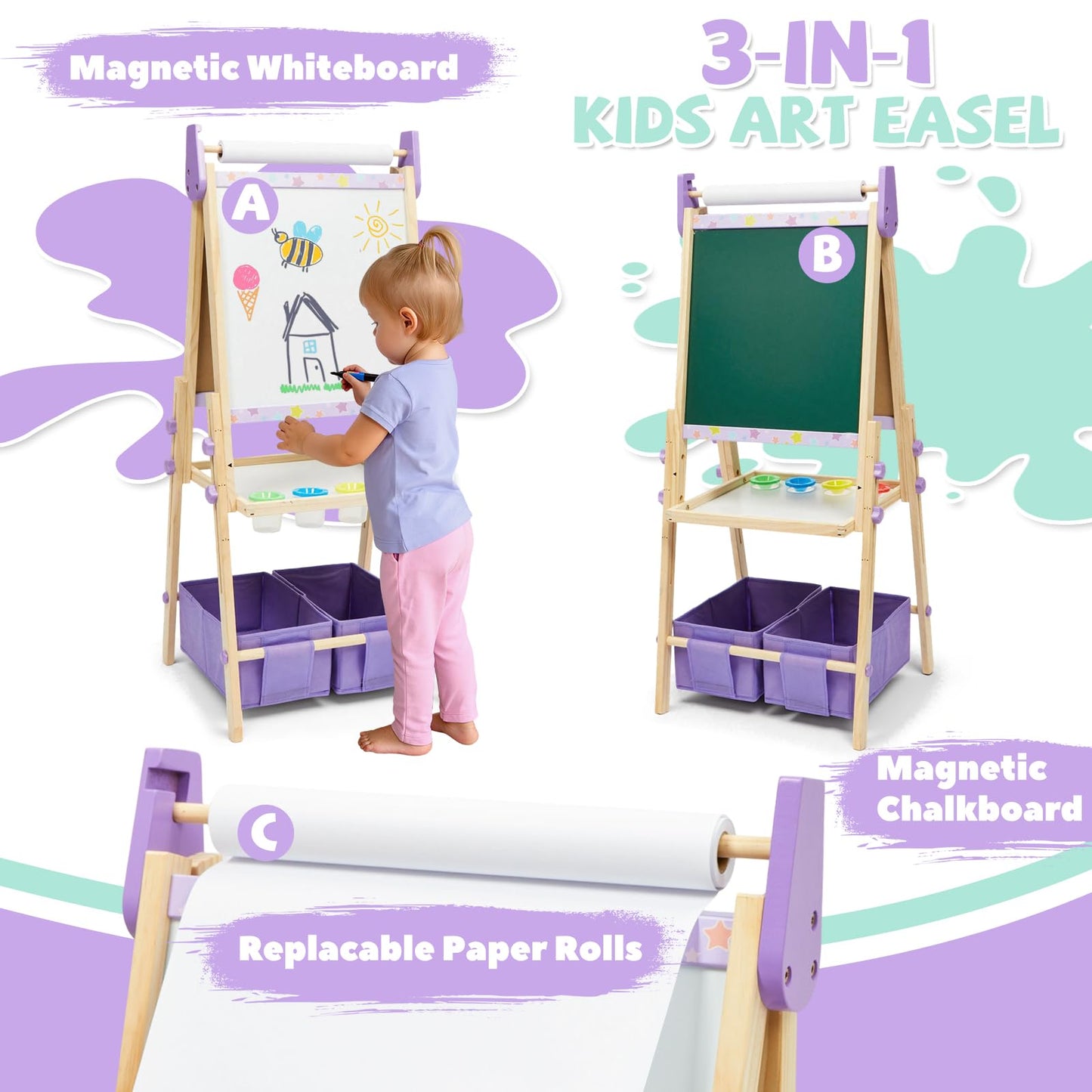 3-in-1 Kids Art Easel Set, Height Adjustable Magnetic Whiteboard & Chalkboard with Painting Paper Roll, Wooden Dual-Sided Art Station for Toddlers & Children Ages 3-8 (Art Supplies Included)
