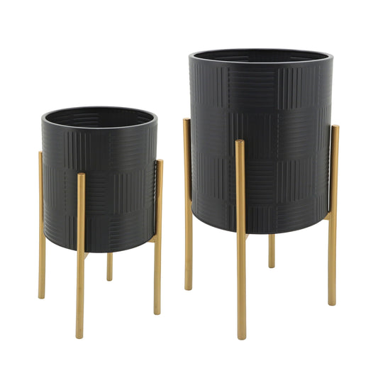 Decorative Flower Pots with Metal Stand for Home Decor - Modern Planters for Hallway, Entryway, and Living Room Decor - Indoor and Outdoor Pots for Plants - Set of 2, 23", 19", Black & Gold
