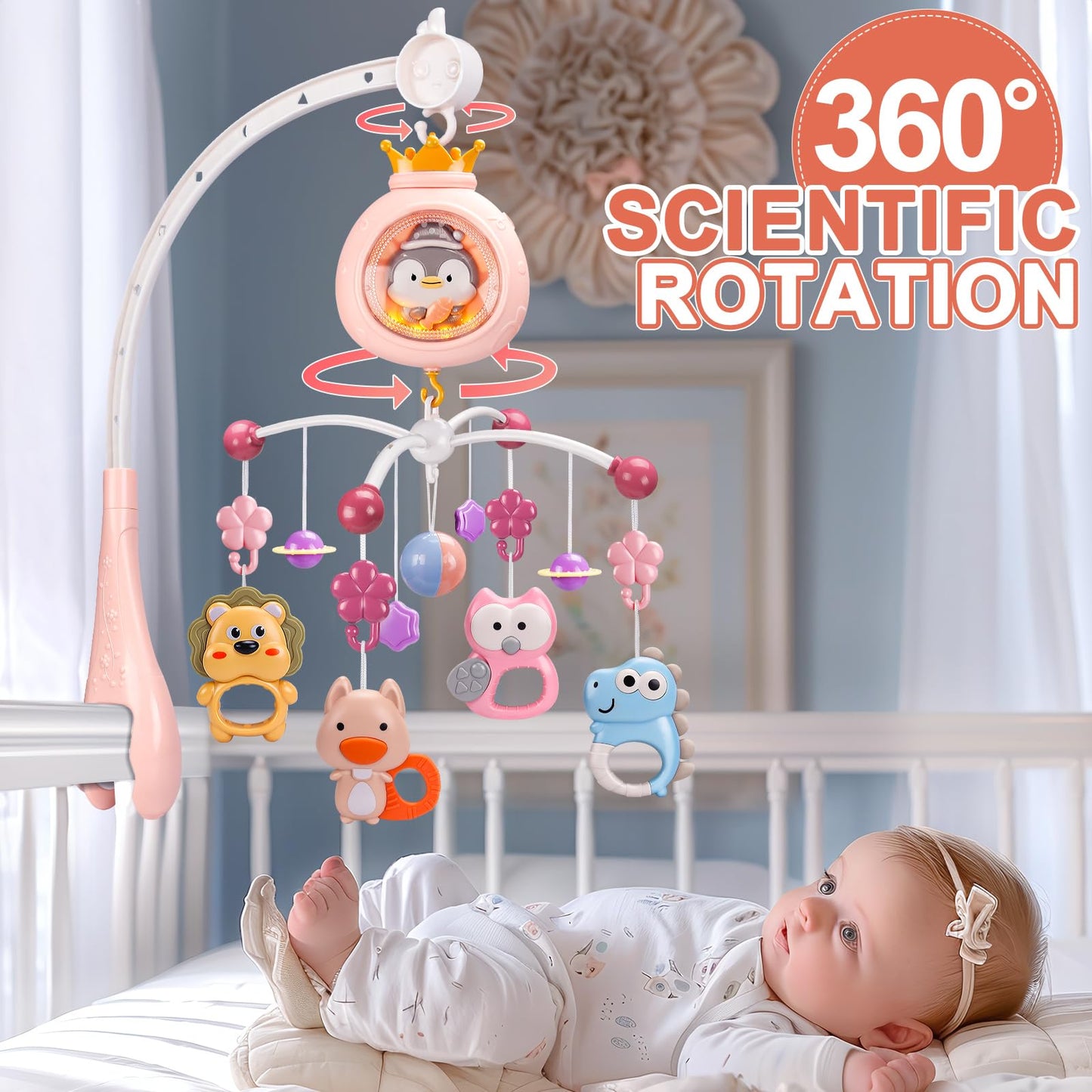ZFSZSY Crib Mobile with Music and Lights,Mobiles for Cribs, Baby Mobile Arm Toys Hanging for Girls Boys Infants 0-6 6-12 Months, Bassinets Nursery Musical Portable Mobile Clip On Pack and Play(Pink)