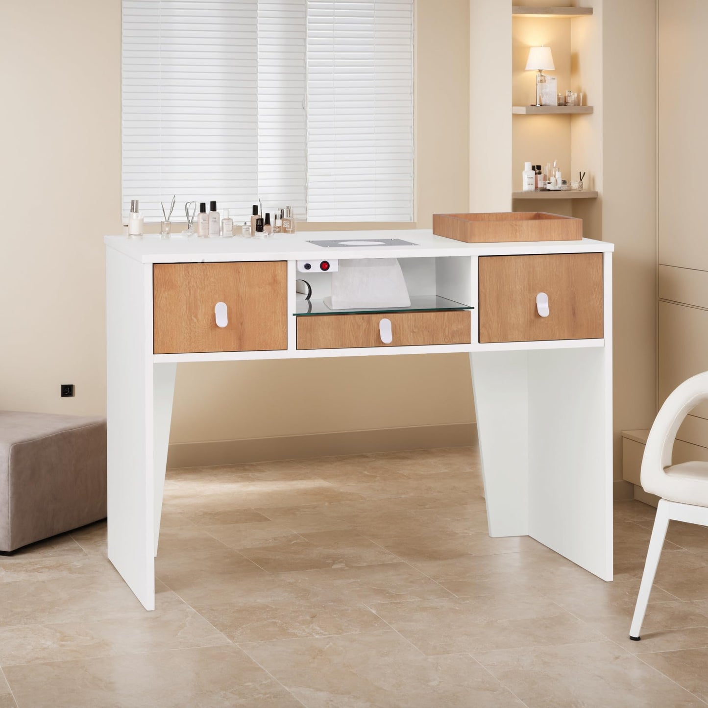 BarberPub Manicure Table with Electric Dust Collector & 2 Dust Bags, Beauty Nail Art Desk with Built-in Socket, Salon Nail Supplies Storage Workstation with Nail Vacuum Cleaner VC232 (White&Teak)