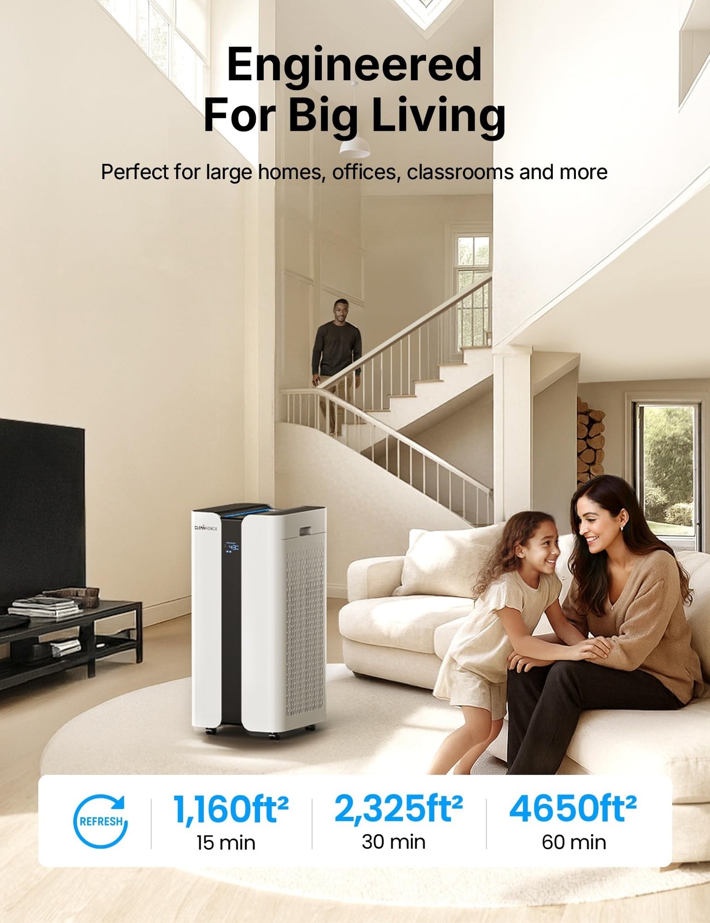 CleanForce Extra Large Air Purifier for Home Large Room,H13 HEPA Air Purifier with Carbon,Covers 3000ft² Office,Bedroom,Industrial Environment,Remove 99.97% Dust,Smoke,Odor,Pollen,VOCs MEGA1000 New