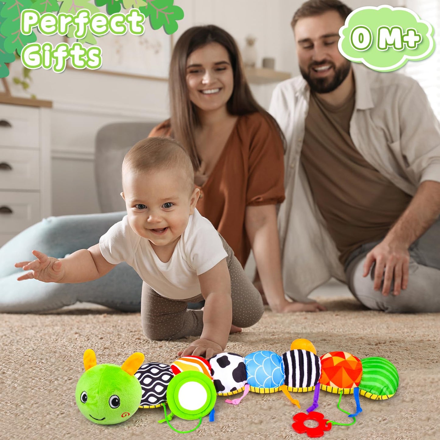 Vpkefla Baby Toys 0 to 12 Months, Stuffed Animal Infant Tummy Time Toys Sensory Toys with Crinkle, Rattles, Textures and Mirror Gifts for Newborn Boy Girls Toddlers, Caterpillar Musical Toy (Green)