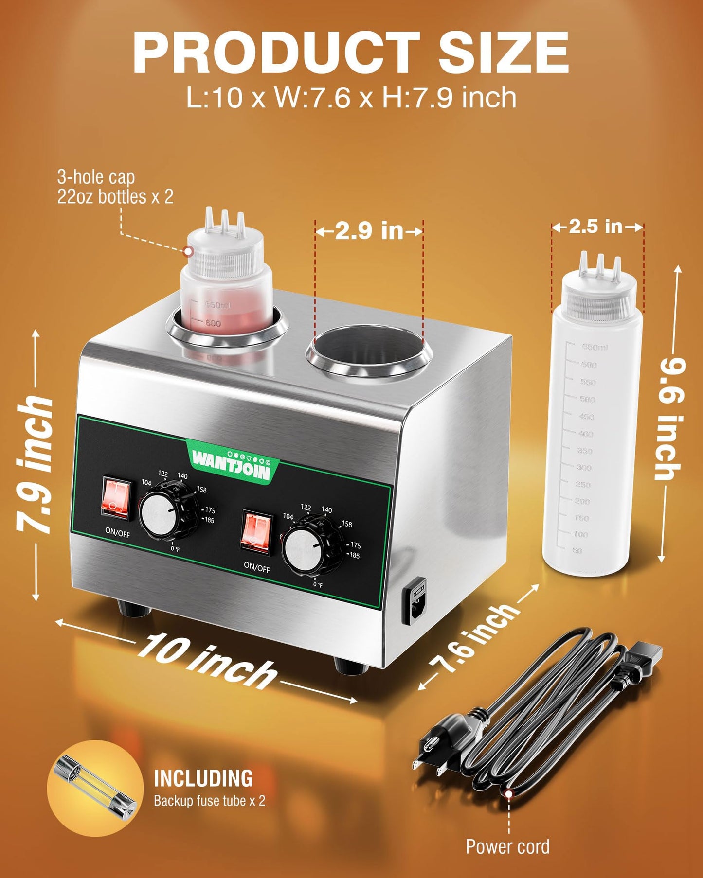WantJoin Electric Sauce Warmer Dispenser Countertop Stainless Steel Sauce Heat Preservation Machine 320W Hot Fudge Nacho Cheese Ketchup Chocolate Warmer for Commercial with 650ml Squeeze Bottle*2
