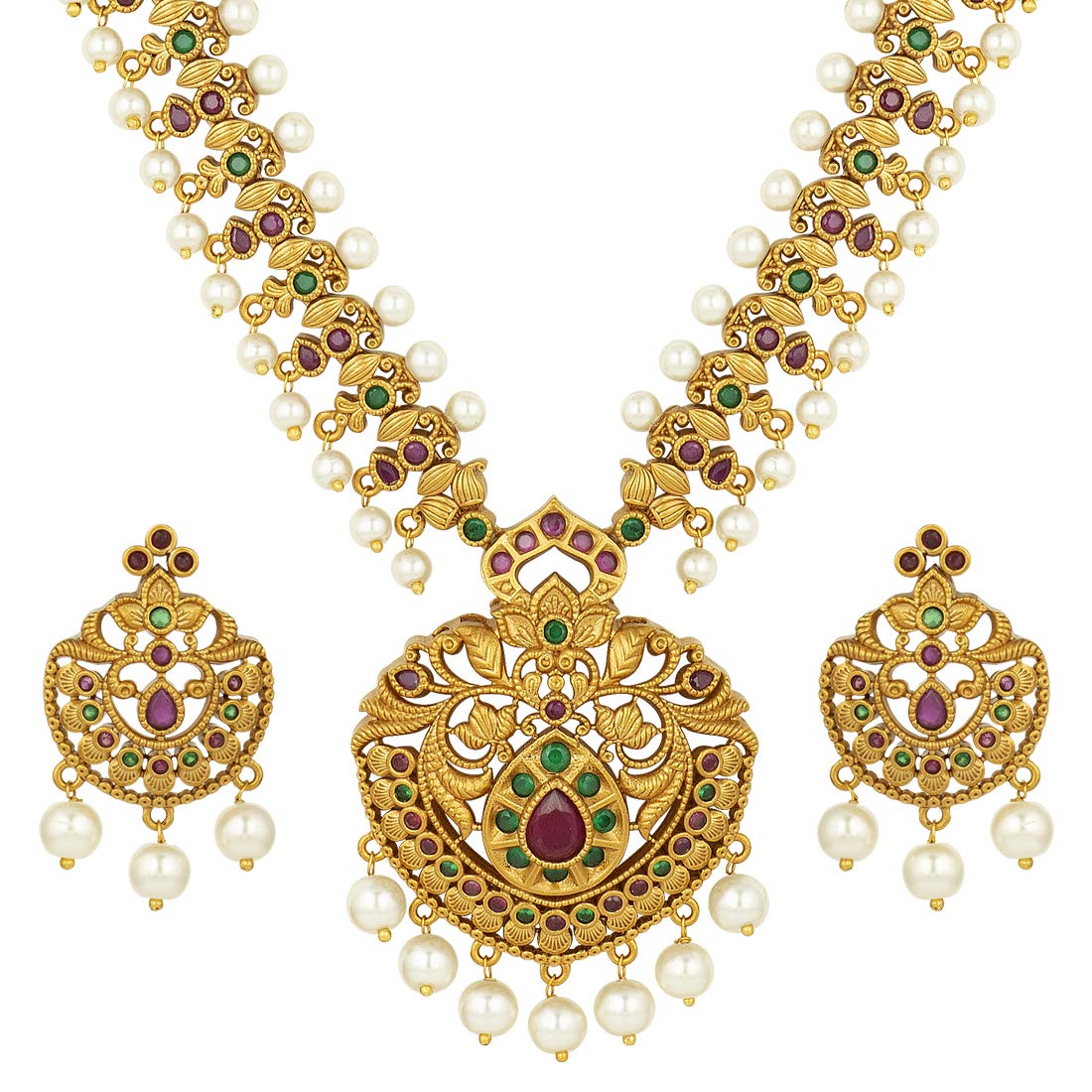 Aheli South Indian Traditional CZ Designer Necklace Earrings Bollywood Ethnic Wedding Bharatanatyam jewellery Set Gift for Women Pear Red
