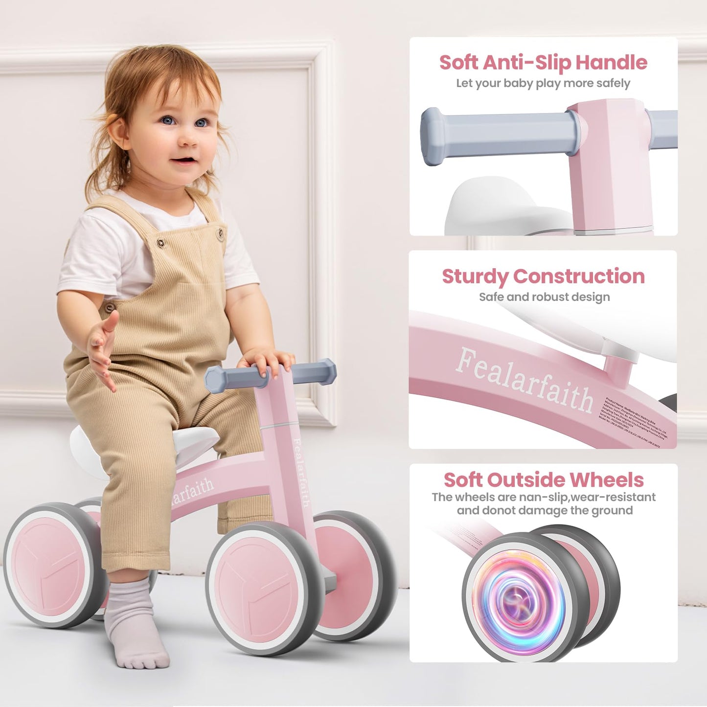 Baby Balance Bike for 1 Year Old Boys Girls, Toddler First Bike with 4 Colorful Lighting Wheels | 10-36 Month Toddler Balance Bike | First Birthday Gifts (Baby Pink)